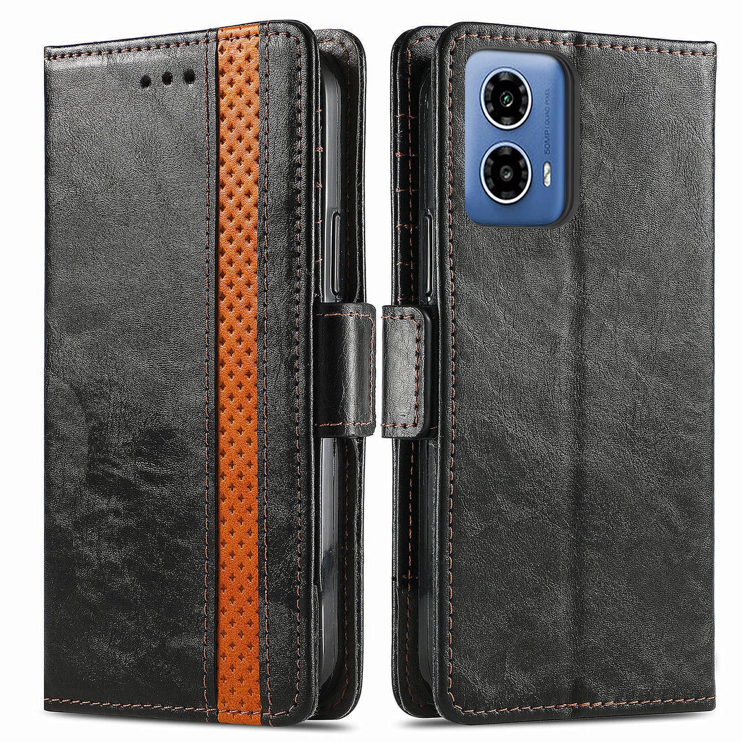 CASENEO 002 Series For Motorola Moto G34 5G Phone Cases Wholesale Splicing Leather Wallet Cover - Black