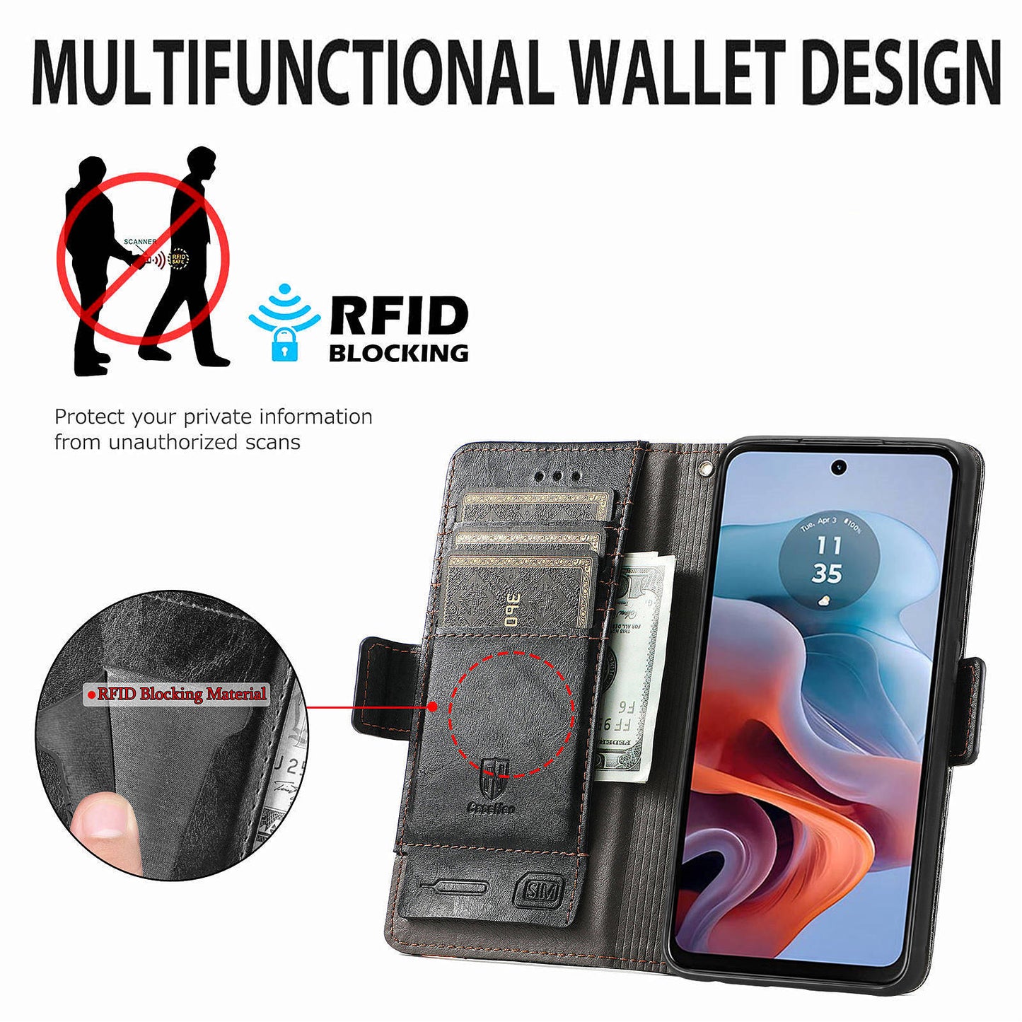 CASENEO 002 Series For Motorola Moto G34 5G Phone Cases Wholesale Splicing Leather Wallet Cover - Black