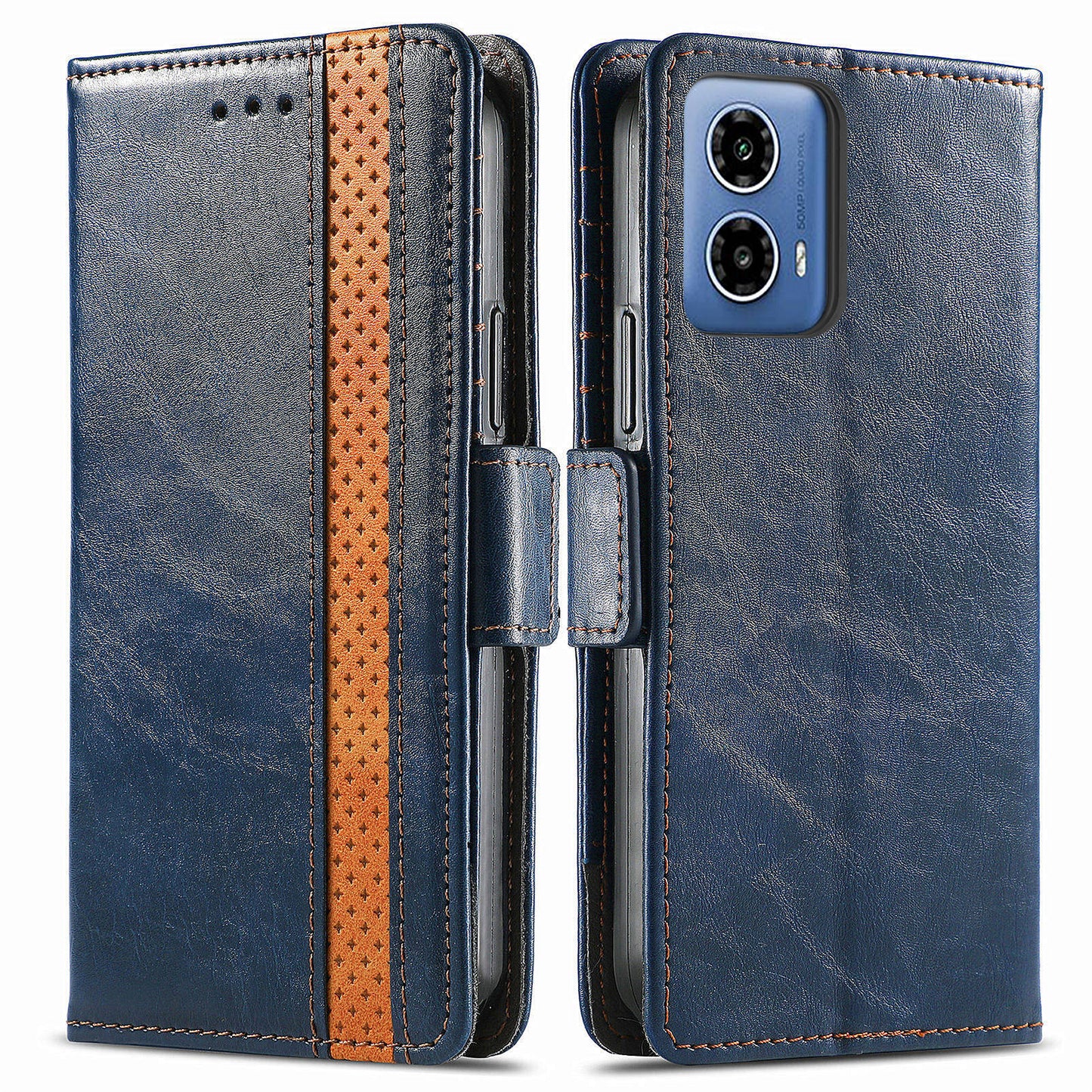 CASENEO 002 Series For Motorola Moto G34 5G Phone Cases Wholesale Splicing Leather Wallet Cover - Dark Blue