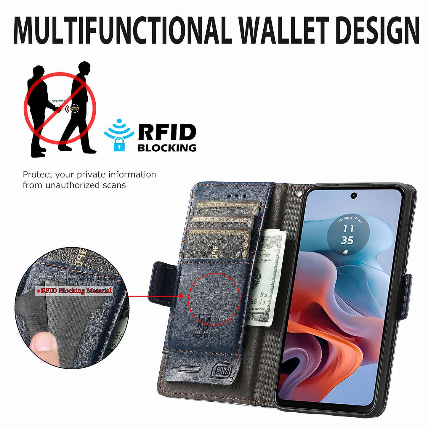 CASENEO 002 Series For Motorola Moto G34 5G Phone Cases Wholesale Splicing Leather Wallet Cover - Dark Blue