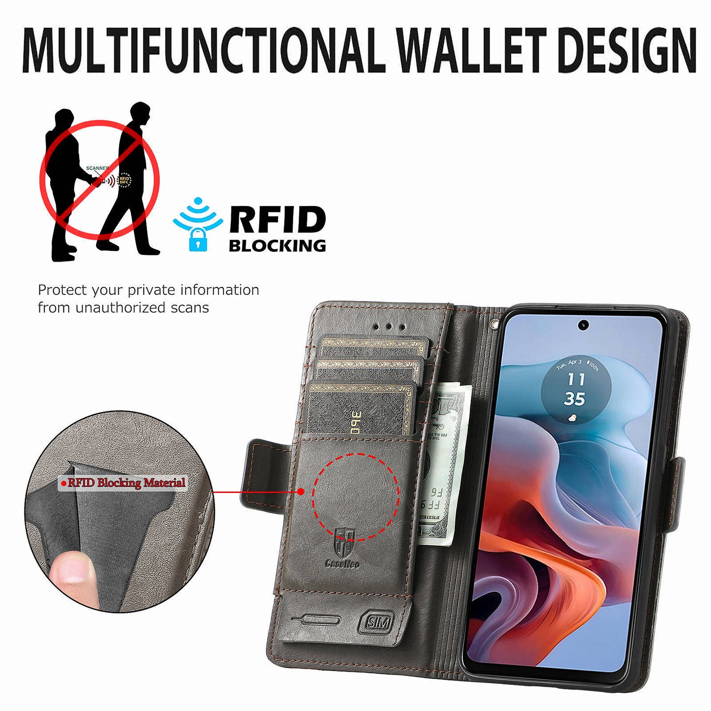 CASENEO 002 Series For Motorola Moto G34 5G Phone Cases Wholesale Splicing Leather Wallet Cover - Grey