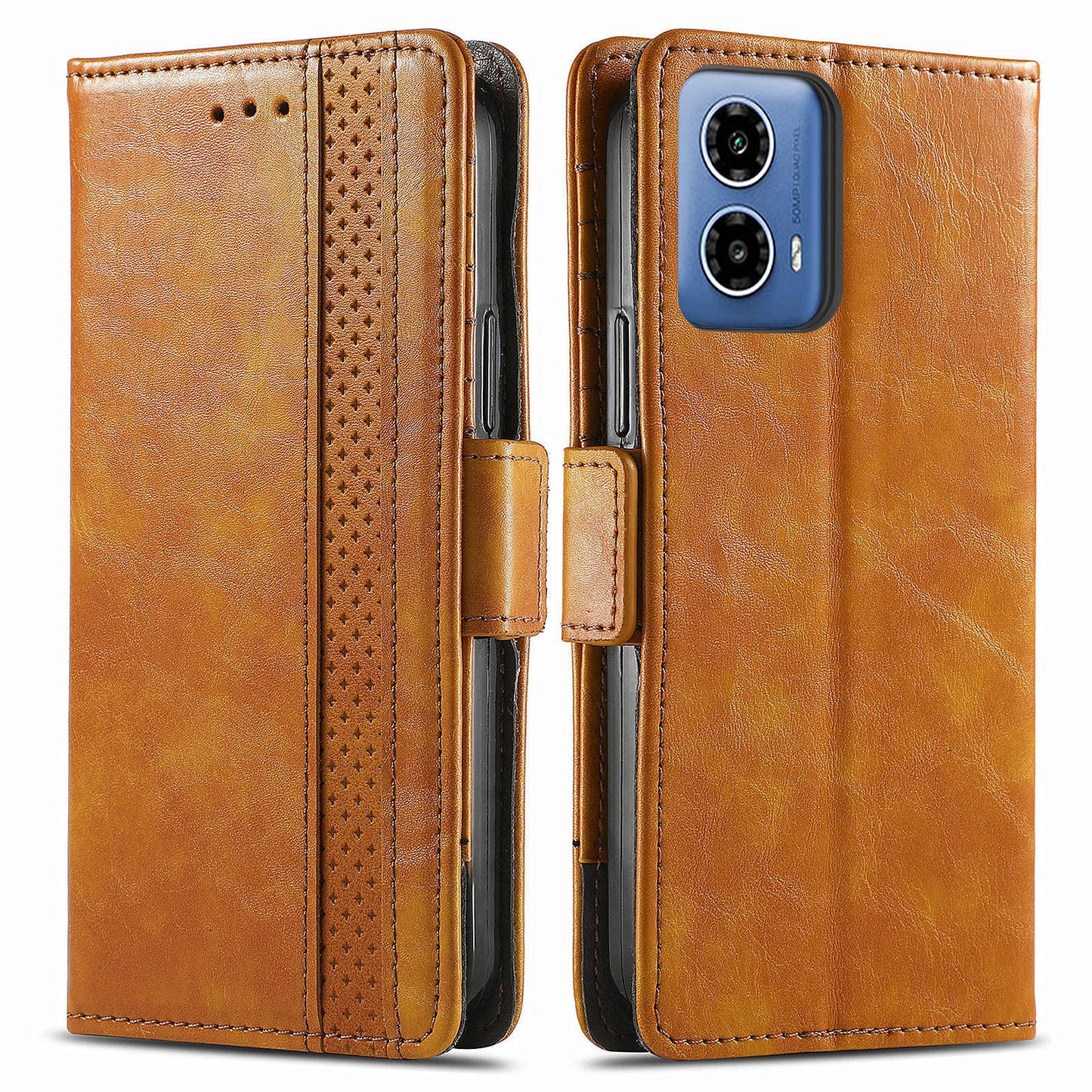 CASENEO 002 Series For Motorola Moto G34 5G Phone Cases Wholesale Splicing Leather Wallet Cover - Light Brown