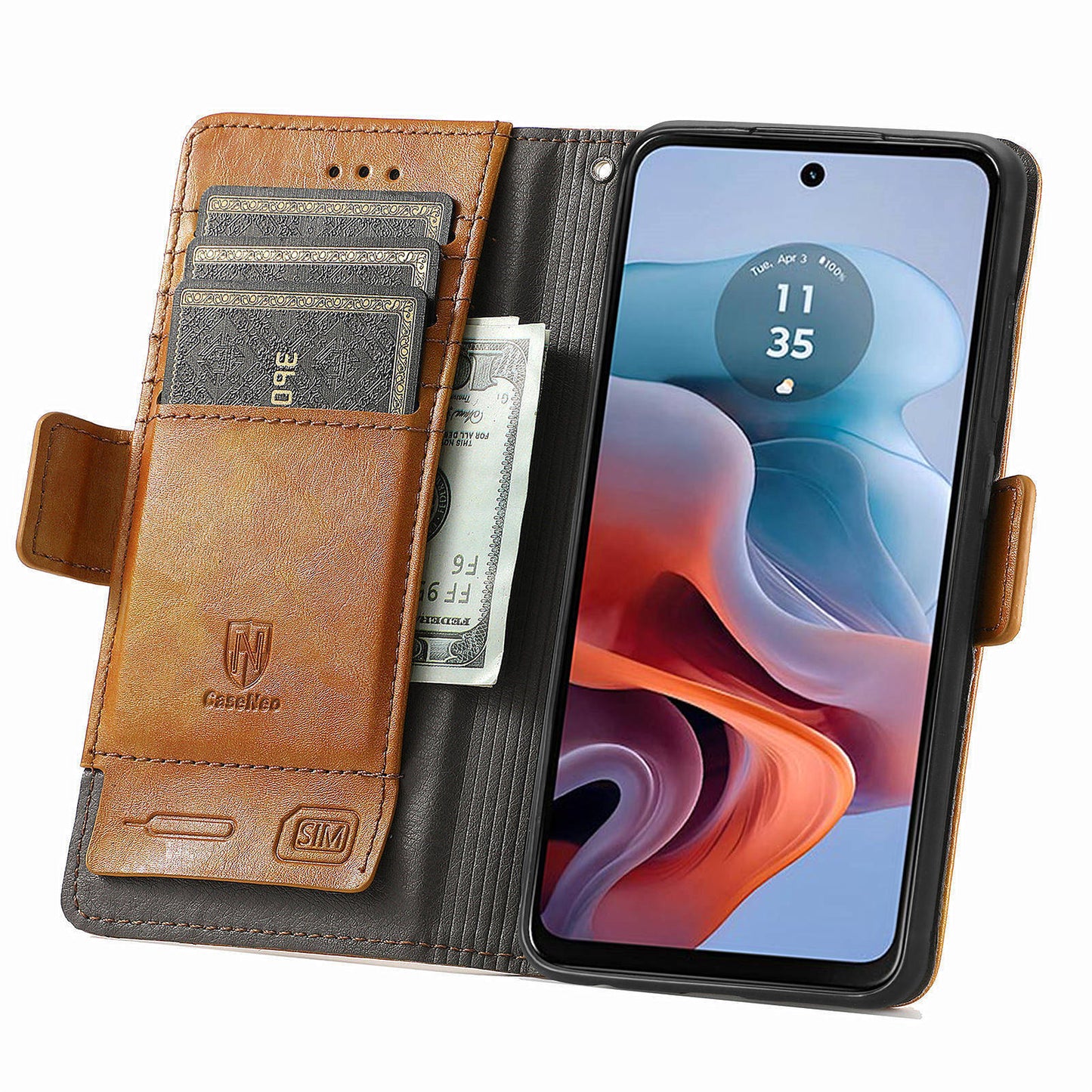 CASENEO 002 Series For Motorola Moto G34 5G Phone Cases Wholesale Splicing Leather Wallet Cover - Light Brown
