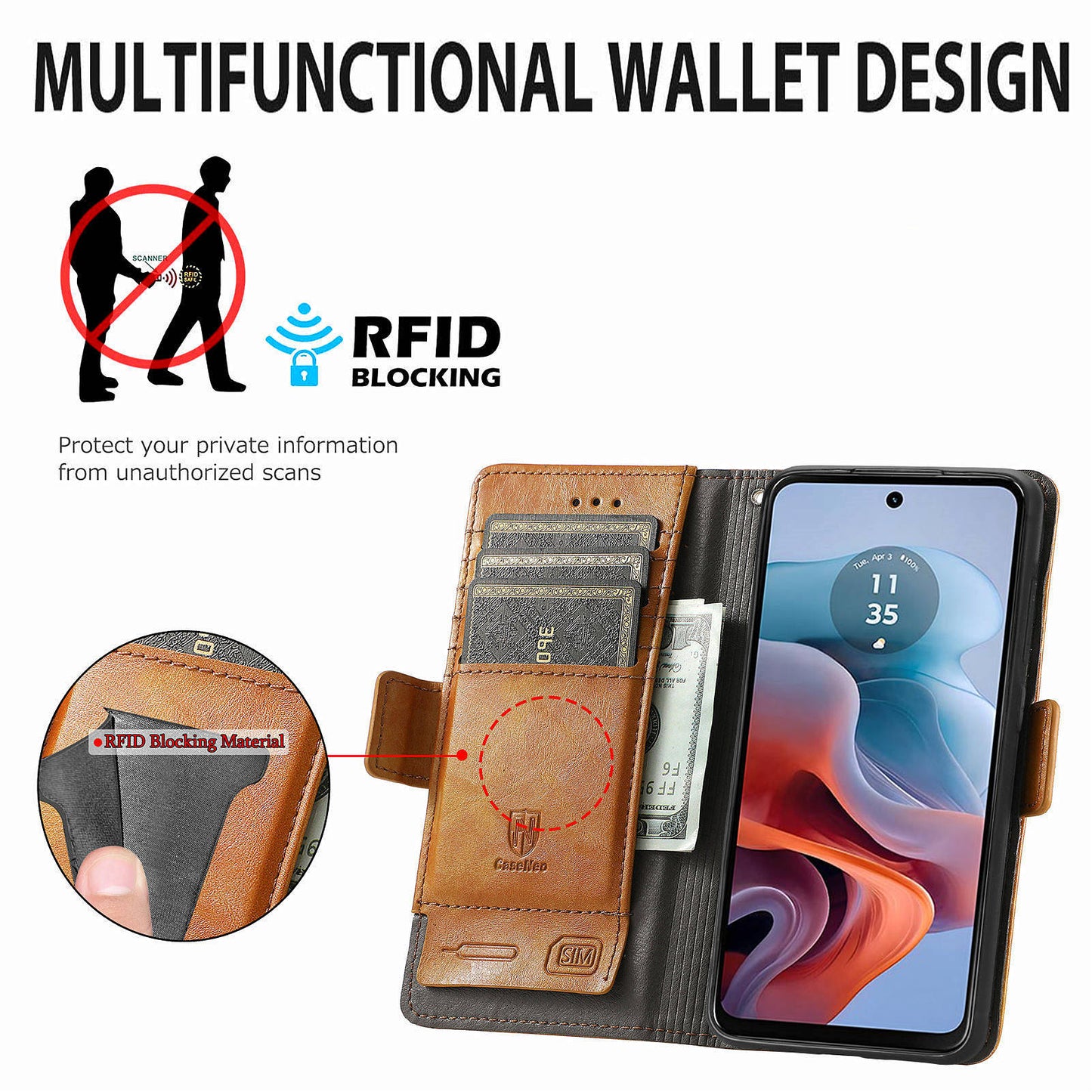 CASENEO 002 Series For Motorola Moto G34 5G Phone Cases Wholesale Splicing Leather Wallet Cover - Light Brown