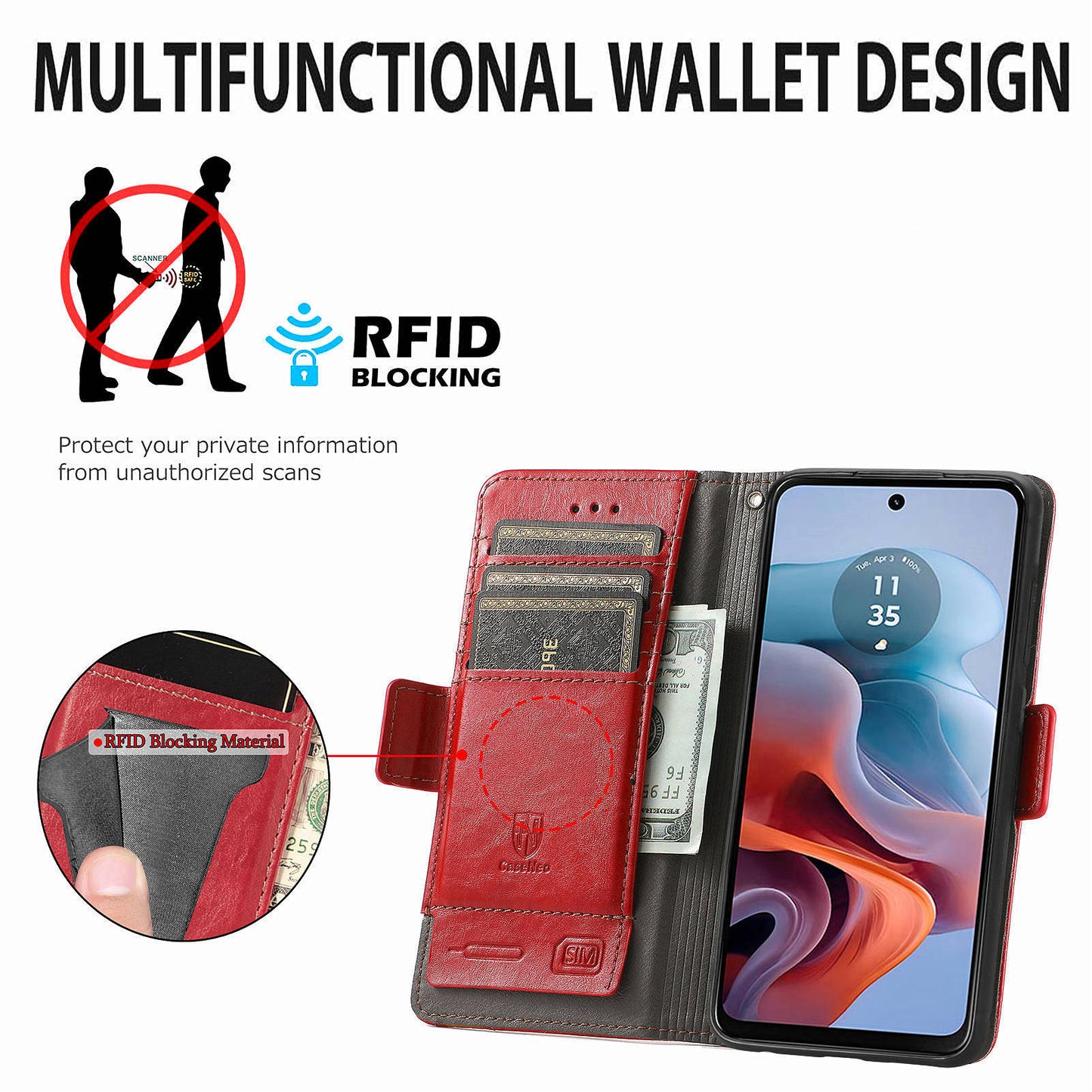 CASENEO 002 Series For Motorola Moto G34 5G Phone Cases Wholesale Splicing Leather Wallet Cover - Red