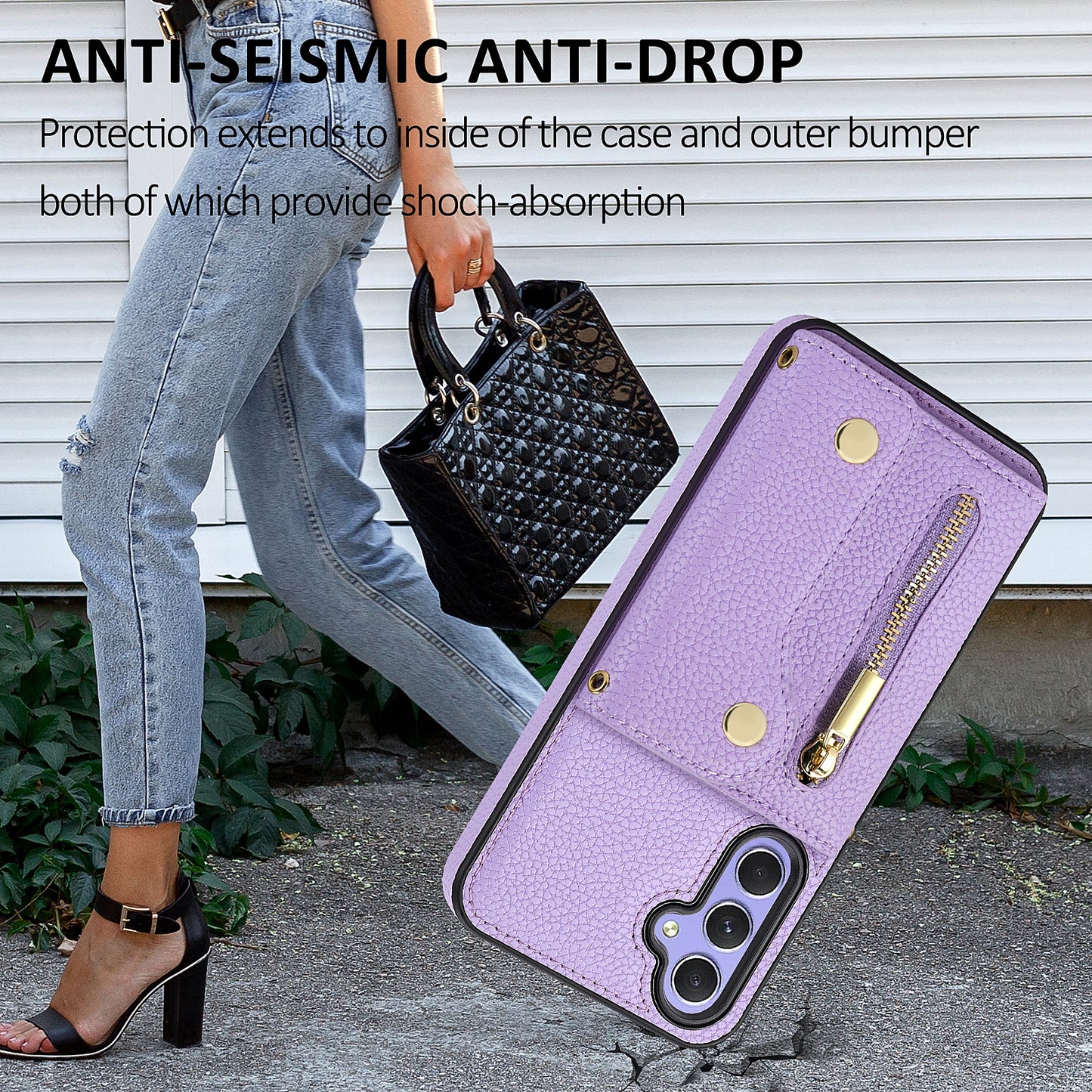 Wallet Case for Samsung Galaxy A55 5G DF-09 Anti-drop Crossbody Card Holder Cover - Purple