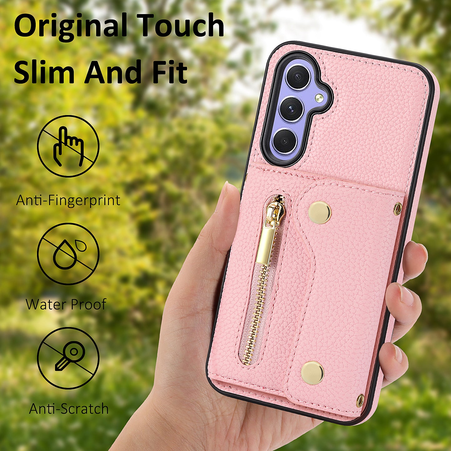 DF-09 Wallet Case for Samsung Galaxy A35 5G Scratch Resistant Crossbody Card Holder Cover - Pink