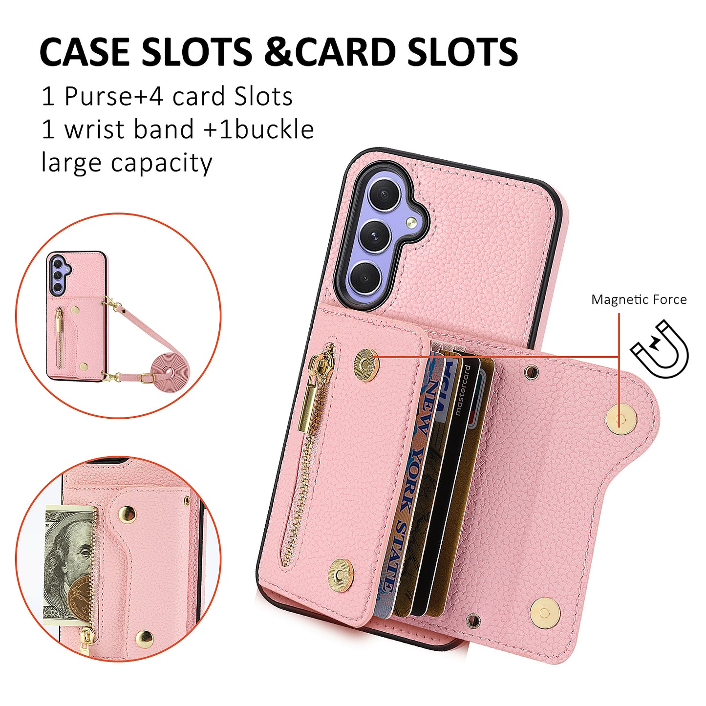 DF-09 Wallet Case for Samsung Galaxy A35 5G Scratch Resistant Crossbody Card Holder Cover - Pink