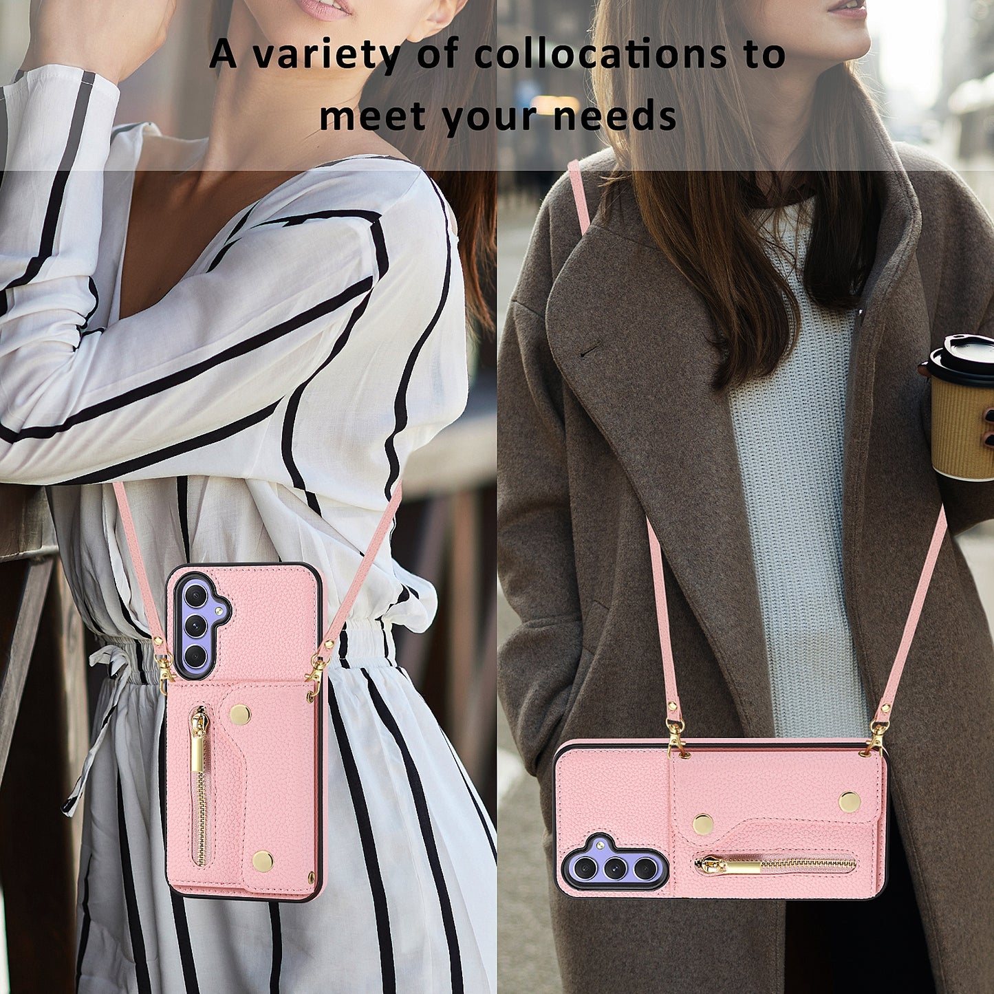 DF-09 Wallet Case for Samsung Galaxy A35 5G Scratch Resistant Crossbody Card Holder Cover - Pink