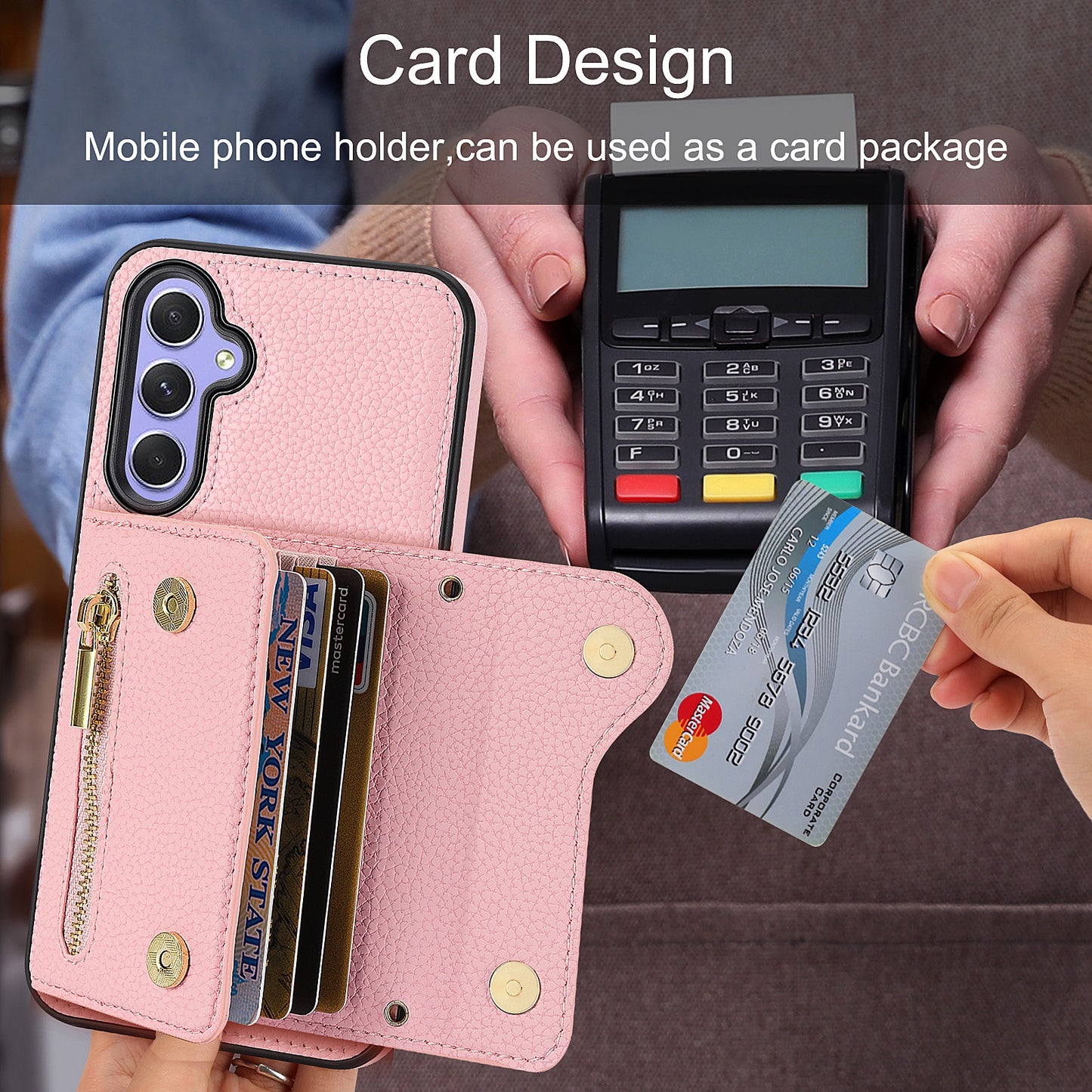 DF-09 Wallet Case for Samsung Galaxy A35 5G Scratch Resistant Crossbody Card Holder Cover - Pink