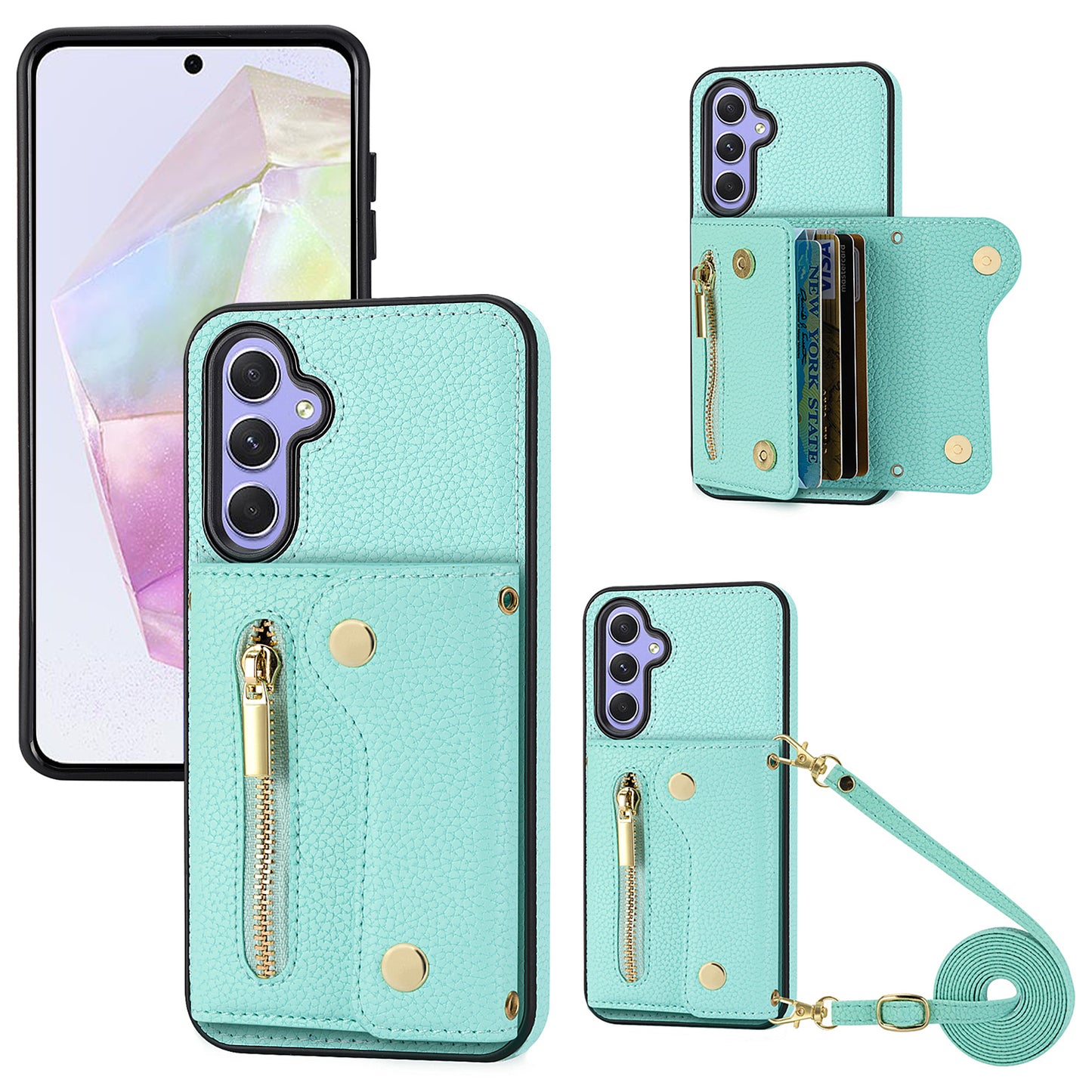 DF-09 Wallet Case for Samsung Galaxy A35 5G Scratch Resistant Crossbody Card Holder Cover - Mint Green