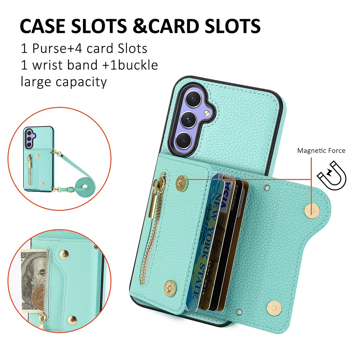 DF-09 Wallet Case for Samsung Galaxy A35 5G Scratch Resistant Crossbody Card Holder Cover - Mint Green