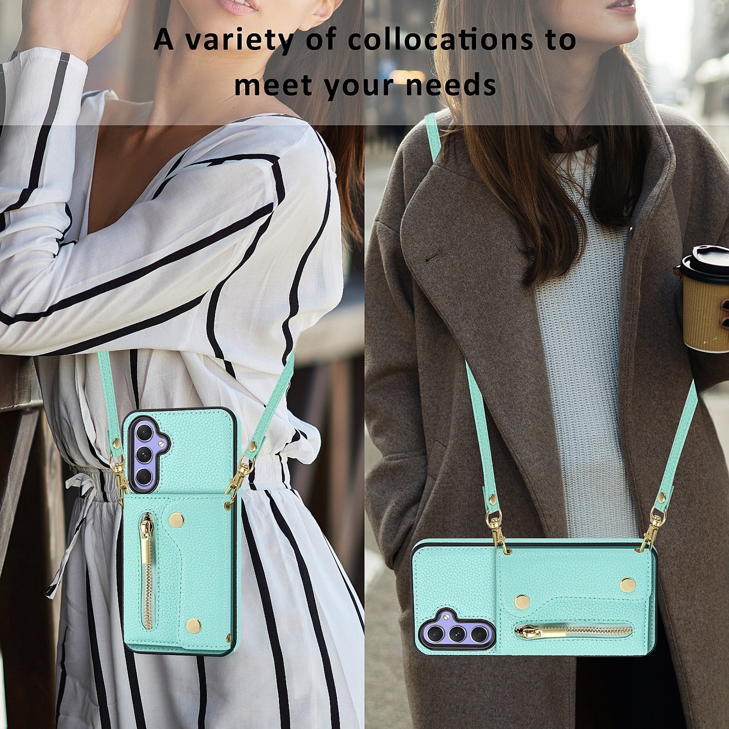 DF-09 Wallet Case for Samsung Galaxy A35 5G Scratch Resistant Crossbody Card Holder Cover - Mint Green