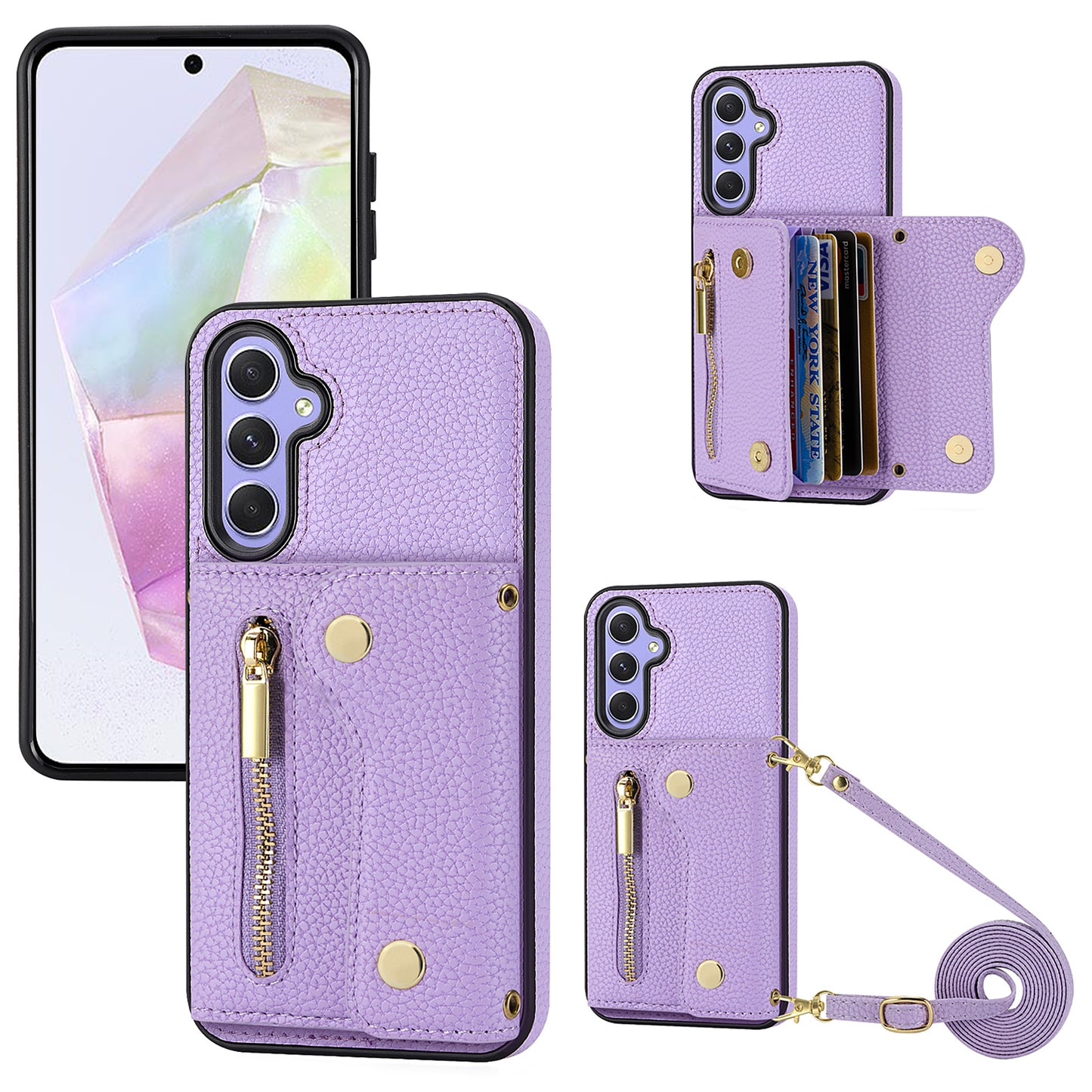 DF-09 Wallet Case for Samsung Galaxy A35 5G Scratch Resistant Crossbody Card Holder Cover - Purple