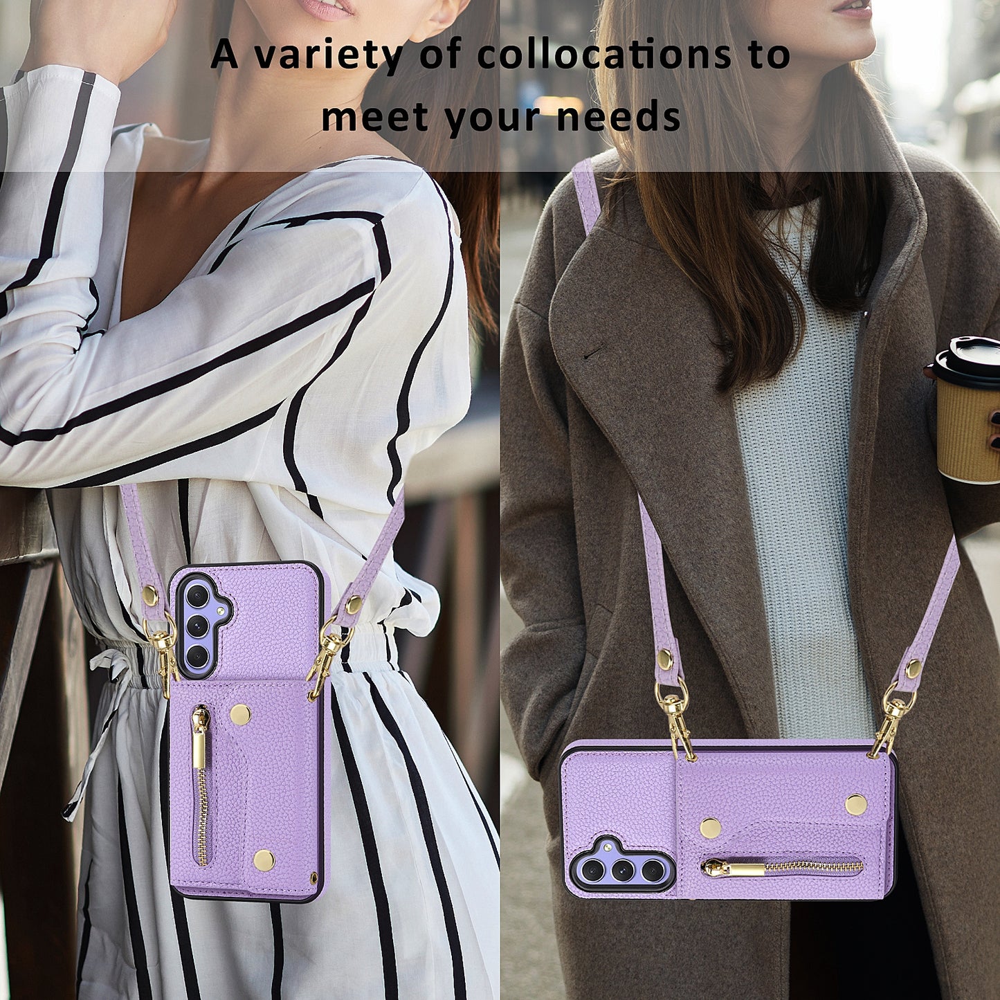 DF-09 Wallet Case for Samsung Galaxy A35 5G Scratch Resistant Crossbody Card Holder Cover - Purple