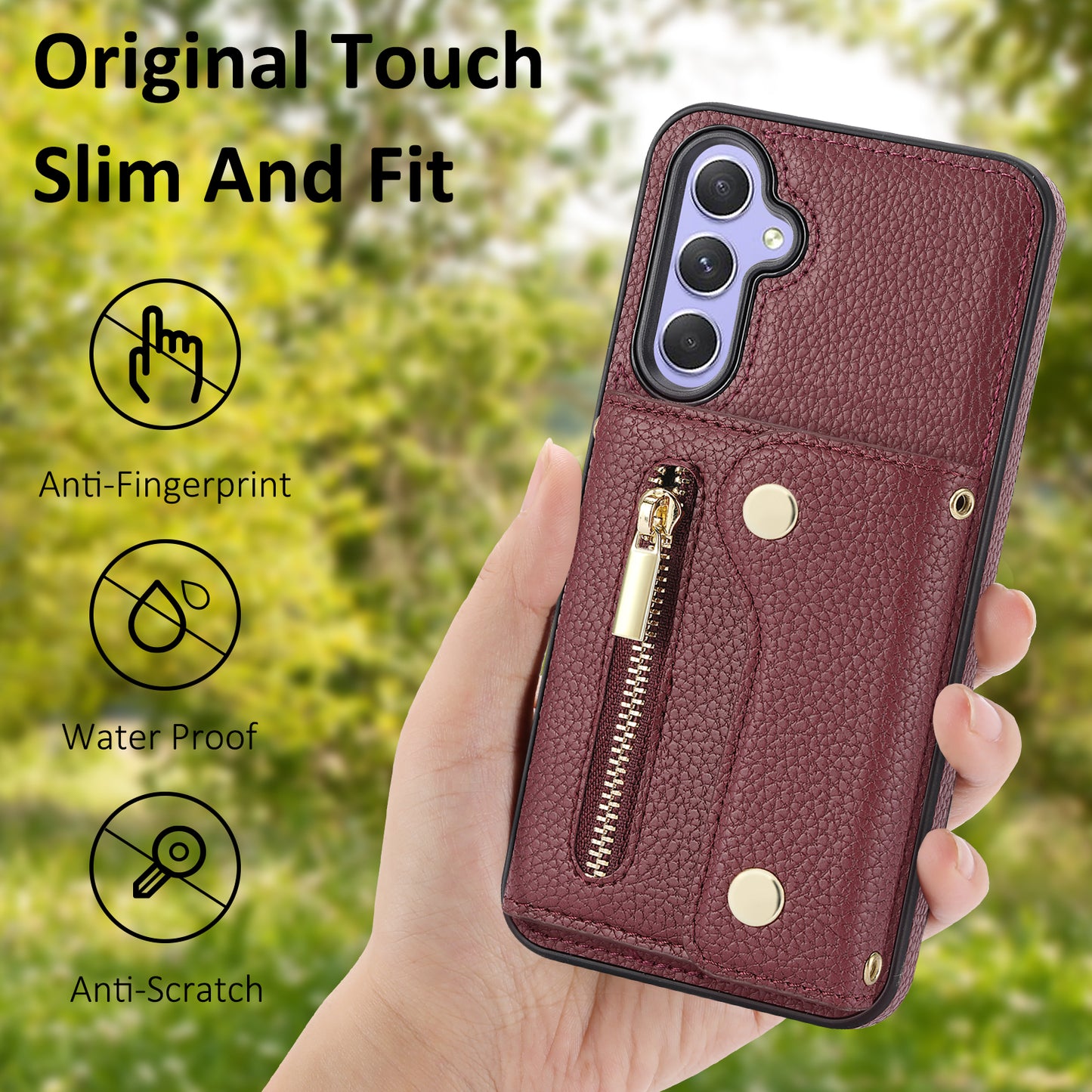 DF-09 Wallet Case for Samsung Galaxy A35 5G Scratch Resistant Crossbody Card Holder Cover - Wine Red