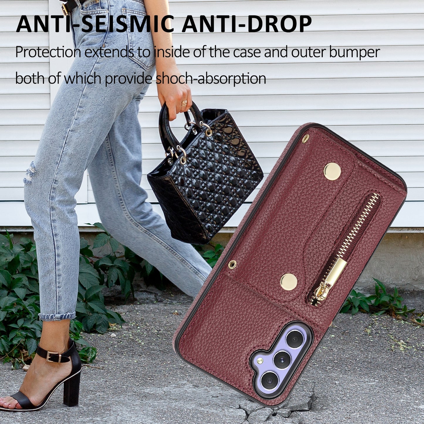 DF-09 Wallet Case for Samsung Galaxy A35 5G Scratch Resistant Crossbody Card Holder Cover - Wine Red