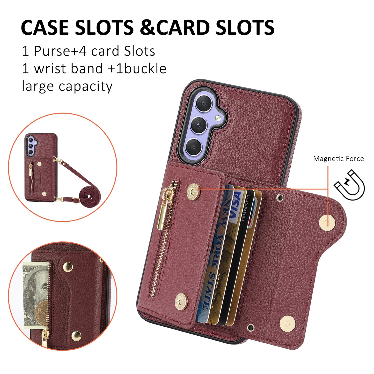 DF-09 Wallet Case for Samsung Galaxy A35 5G Scratch Resistant Crossbody Card Holder Cover - Wine Red