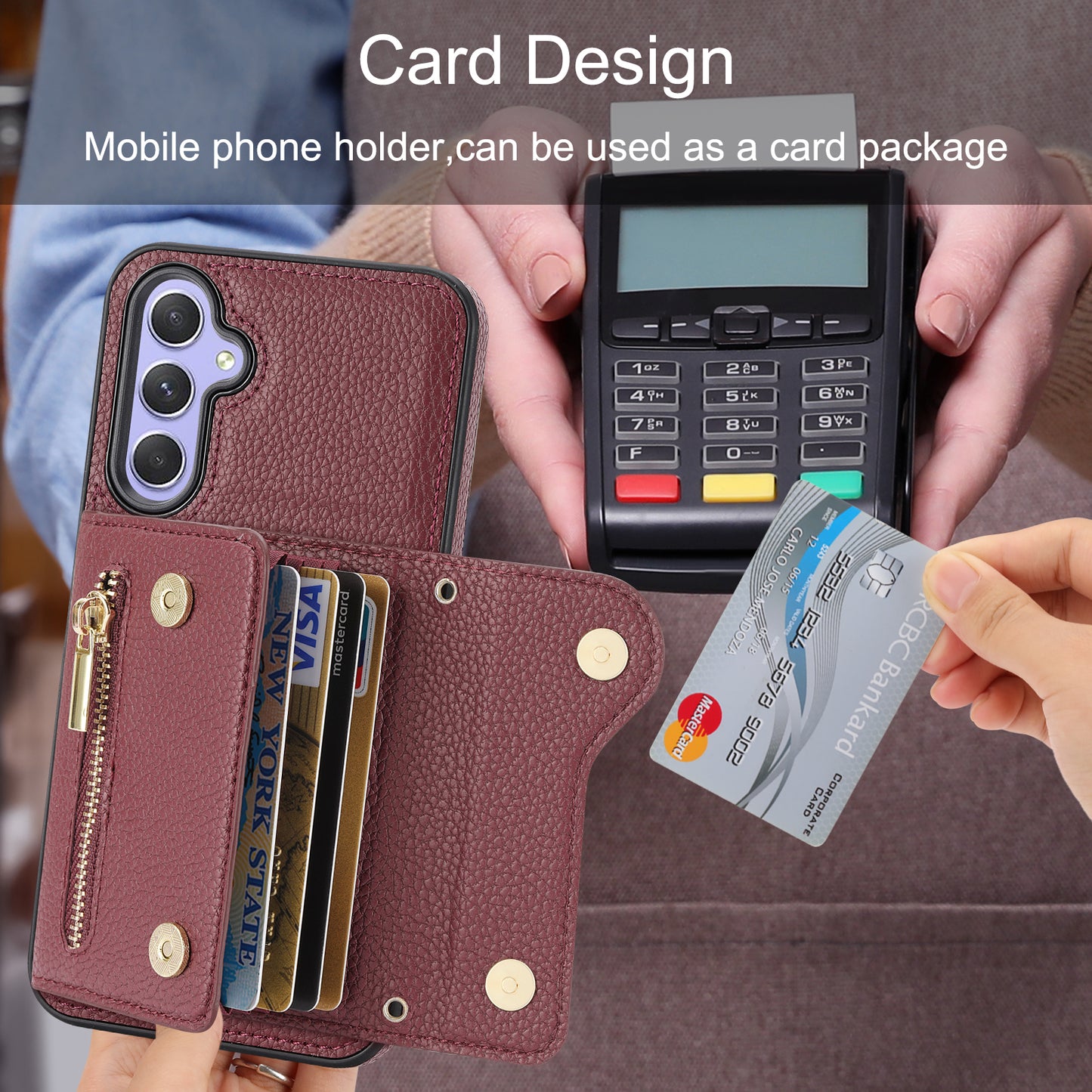DF-09 Wallet Case for Samsung Galaxy A35 5G Scratch Resistant Crossbody Card Holder Cover - Wine Red