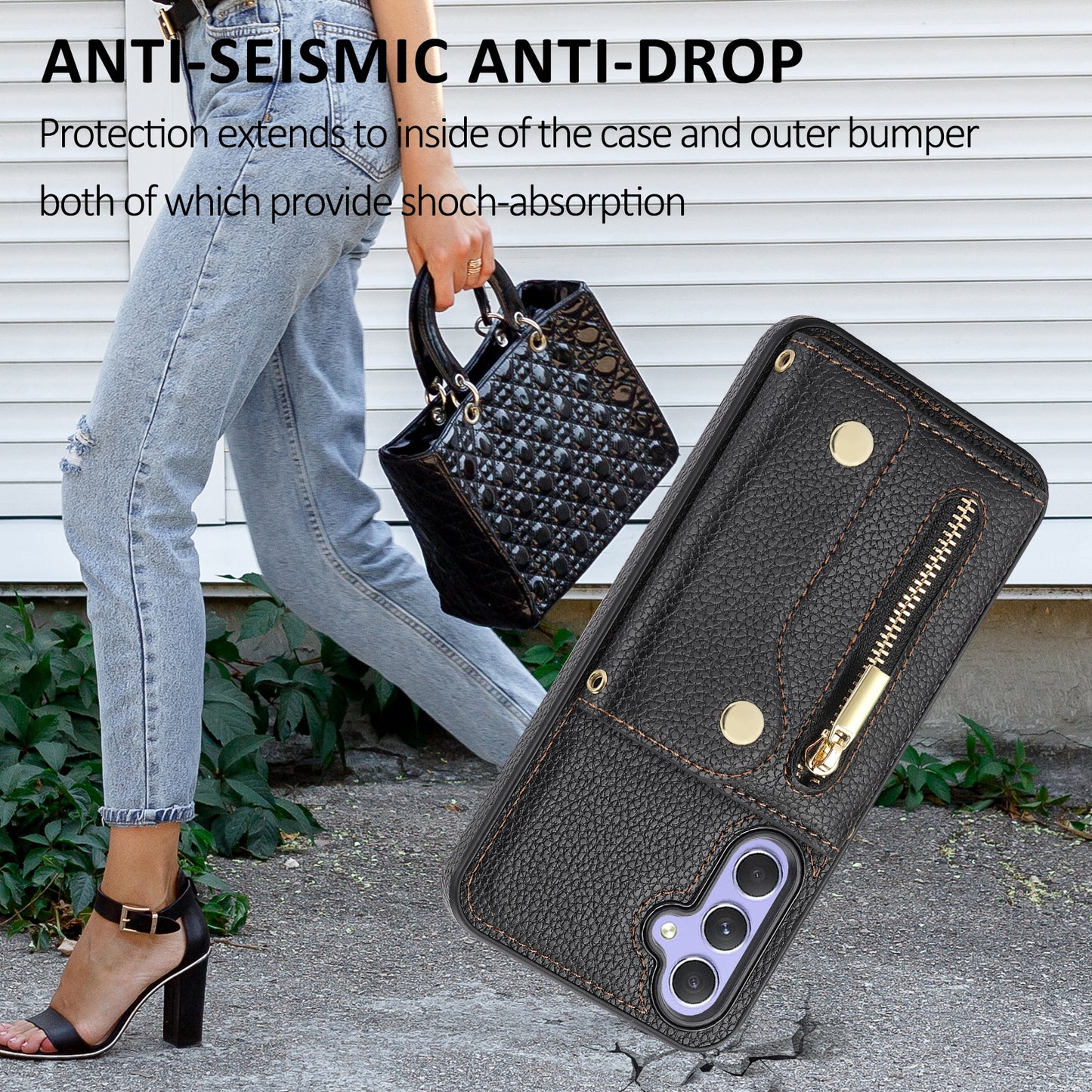 DF-09 Wallet Case for Samsung Galaxy A35 5G Scratch Resistant Crossbody Card Holder Cover - Black