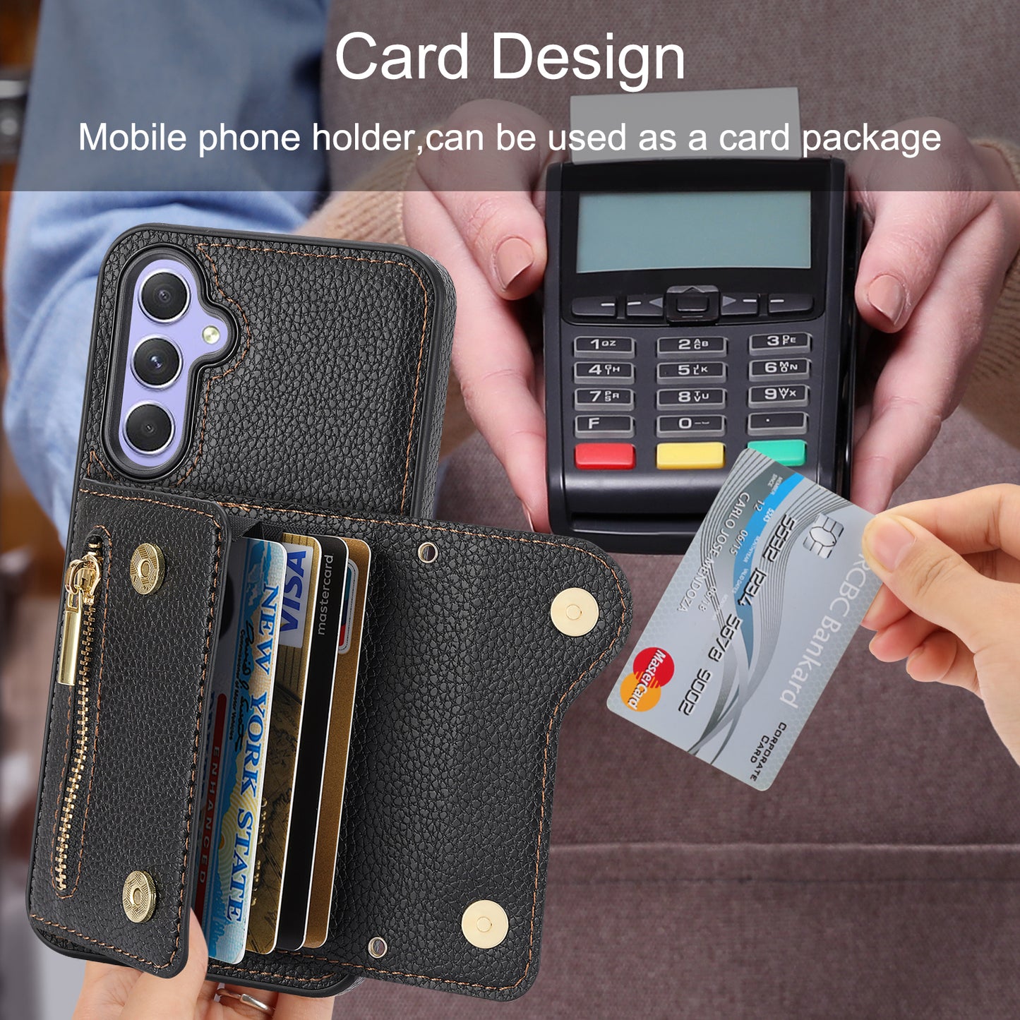 DF-09 Wallet Case for Samsung Galaxy A35 5G Scratch Resistant Crossbody Card Holder Cover - Black