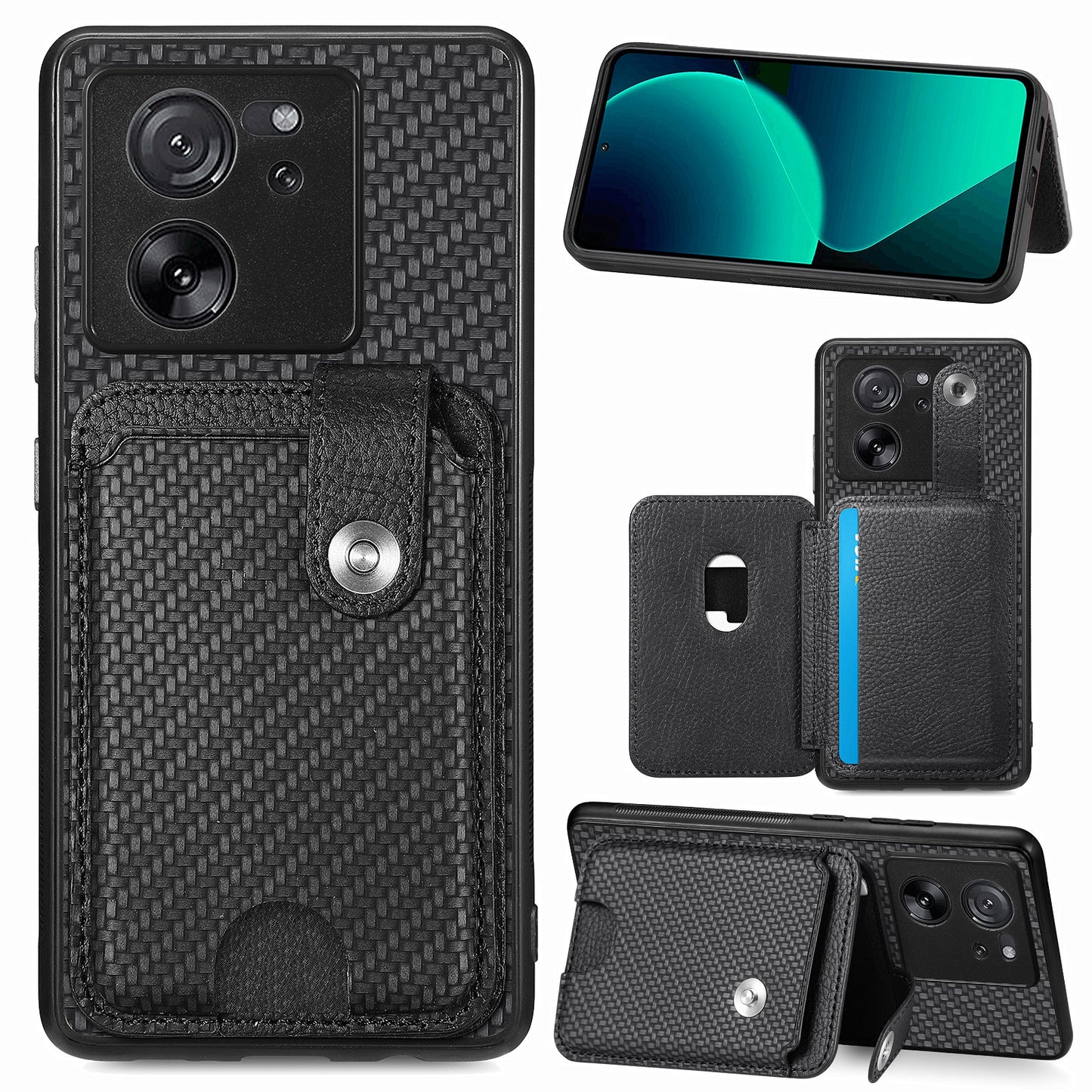 Style B C1-06 For Xiaomi 13T /  13T Pro / Redmi K60 Ultra Case PU+TPU Carbon Fiber Texture Card Holder Phone Cover - Black