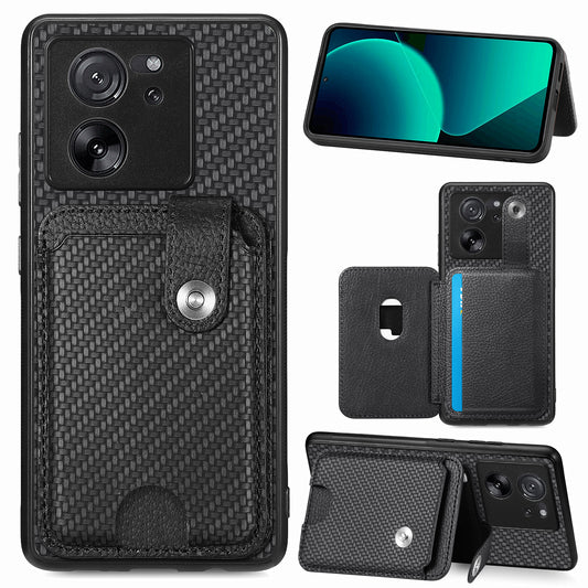Style B C1-06 For Xiaomi 13T /  13T Pro / Redmi K60 Ultra Case PU+TPU Carbon Fiber Texture Card Holder Phone Cover - Black