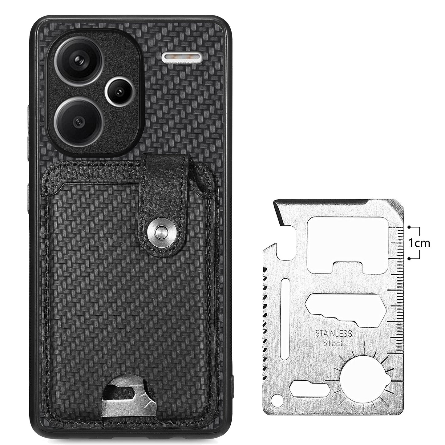 C1-06 For Xiaomi Redmi Note 13 Pro+ 5G Case Carbon Fiber Texture Phone Back Cover with Card Knife Tool - Black