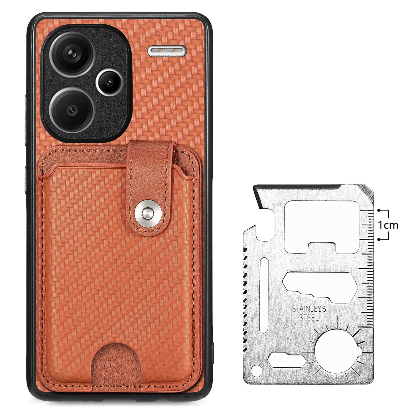 C1-06 For Xiaomi Redmi Note 13 Pro+ 5G Case Carbon Fiber Texture Phone Back Cover with Card Knife Tool - Brown