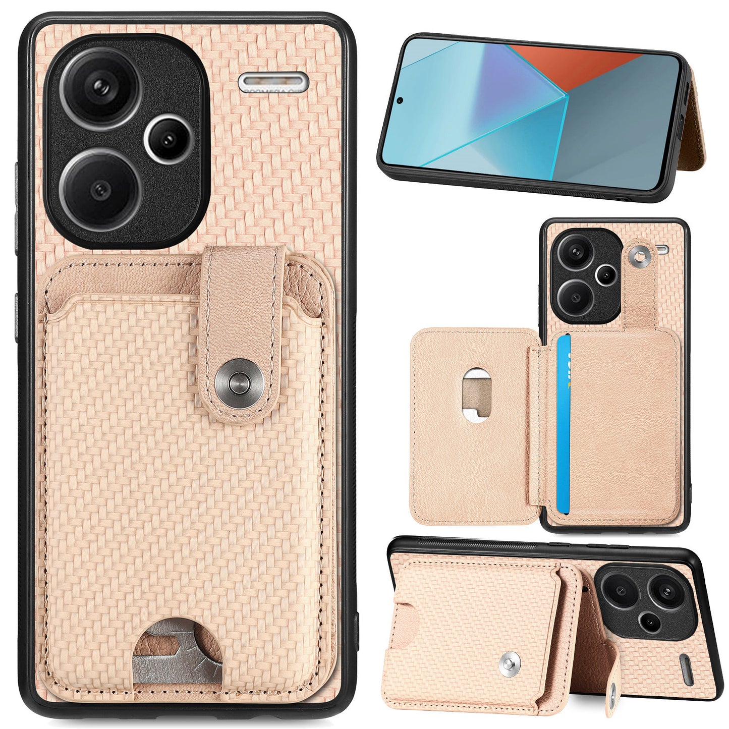 C1-06 For Xiaomi Redmi Note 13 Pro+ 5G Case Carbon Fiber Texture Phone Back Cover with Card Knife Tool - Khaki