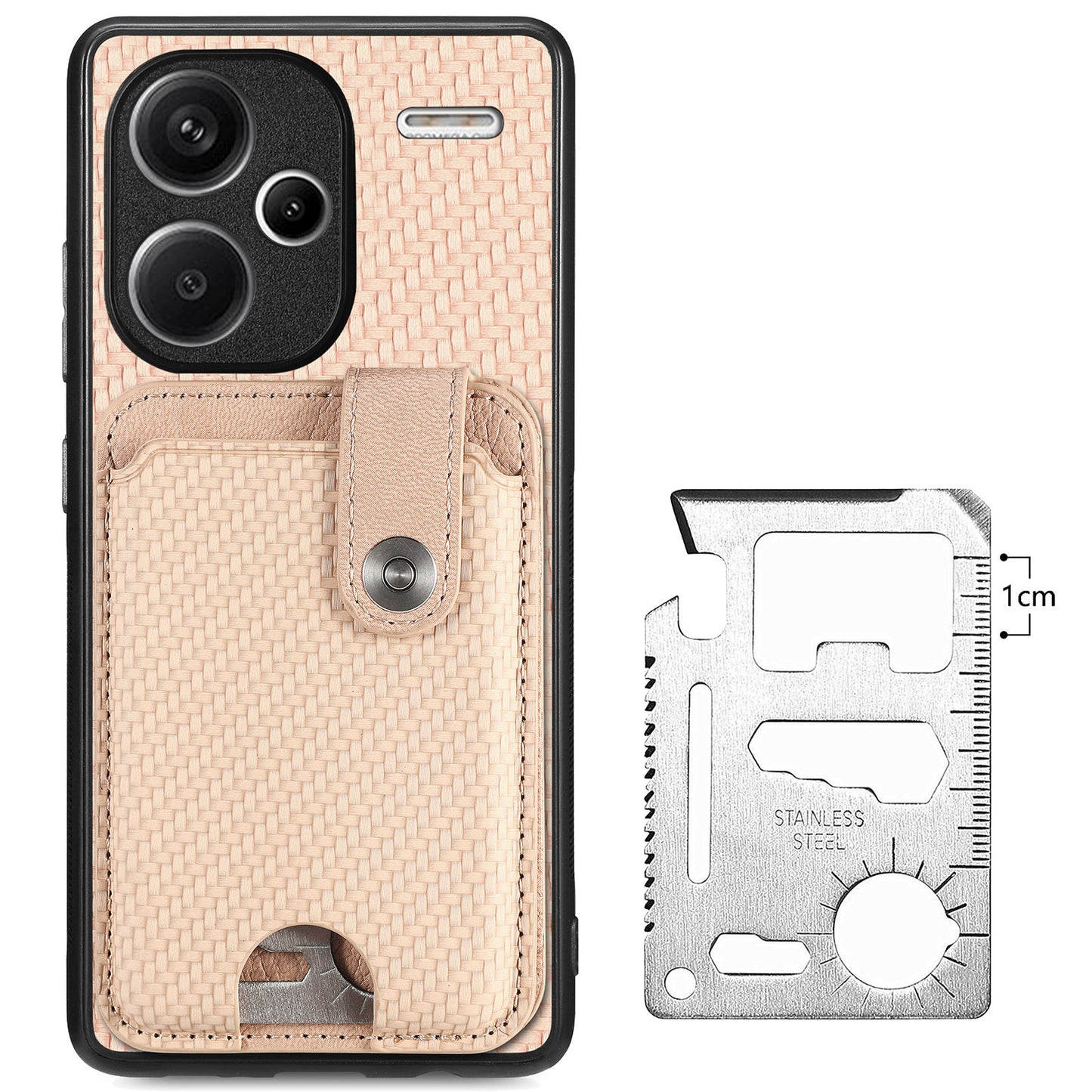 C1-06 For Xiaomi Redmi Note 13 Pro+ 5G Case Carbon Fiber Texture Phone Back Cover with Card Knife Tool - Khaki