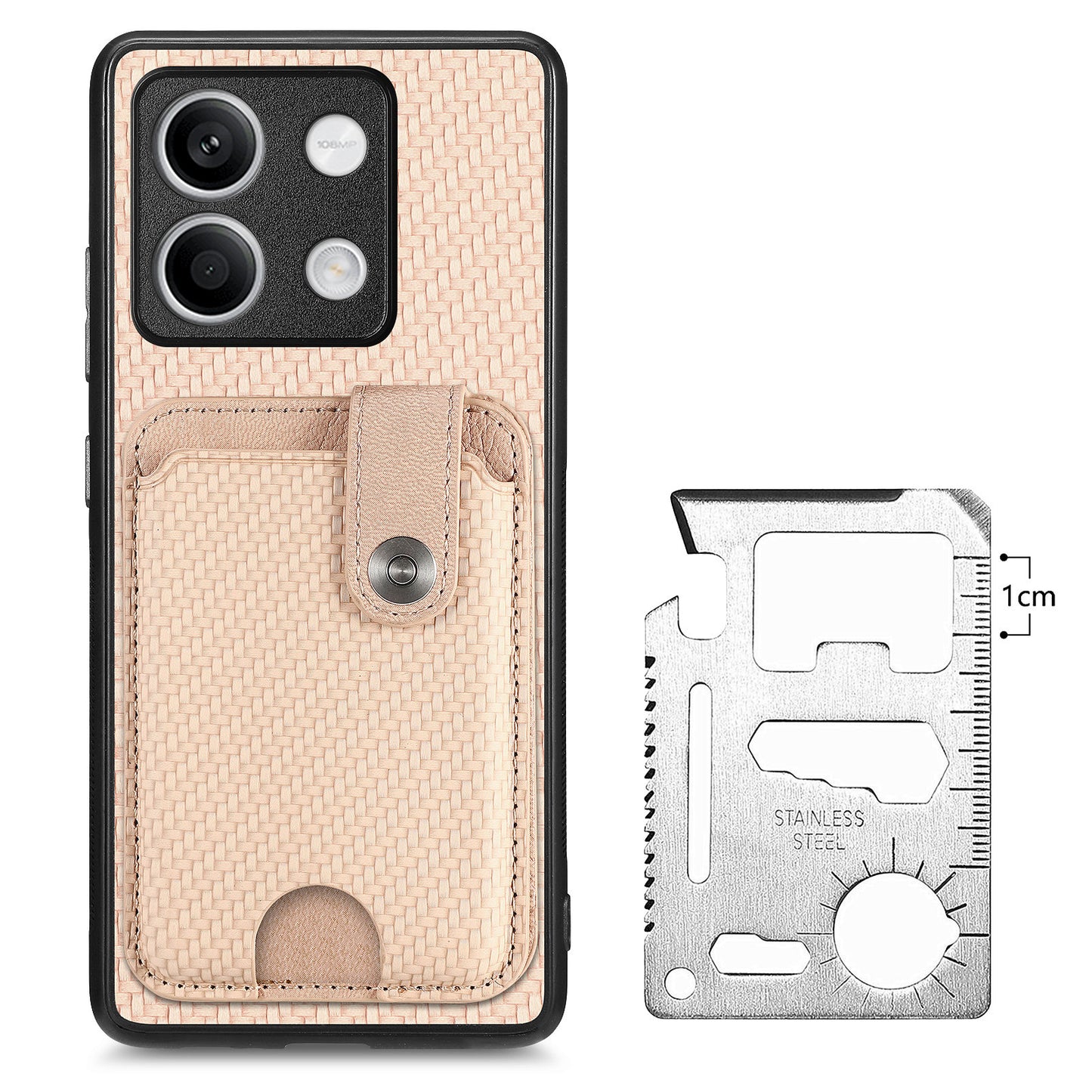 C1-06 For Xiaomi Redmi Note 13 5G Phone Case Carbon Fiber Texture Protection Cover with Card Knife Tool - Khaki