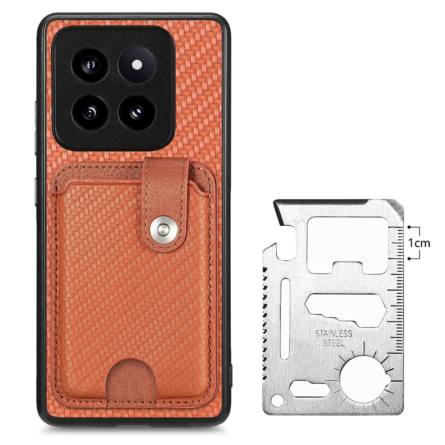 C1-06 For Xiaomi 14 Pro Case Kickstand Card Holder Phone Back Cover with Card Knife Tool - Brown