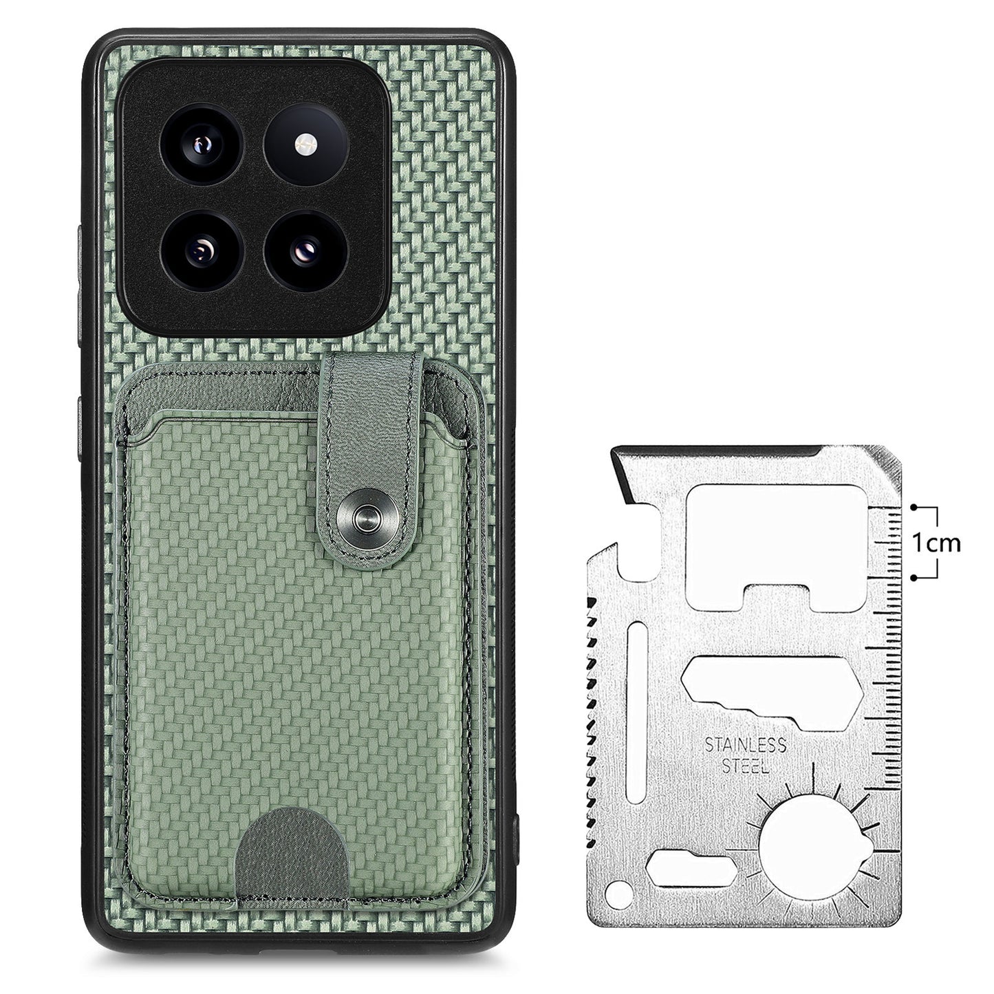 C1-06 For Xiaomi 14 Pro Case Kickstand Card Holder Phone Back Cover with Card Knife Tool - Green