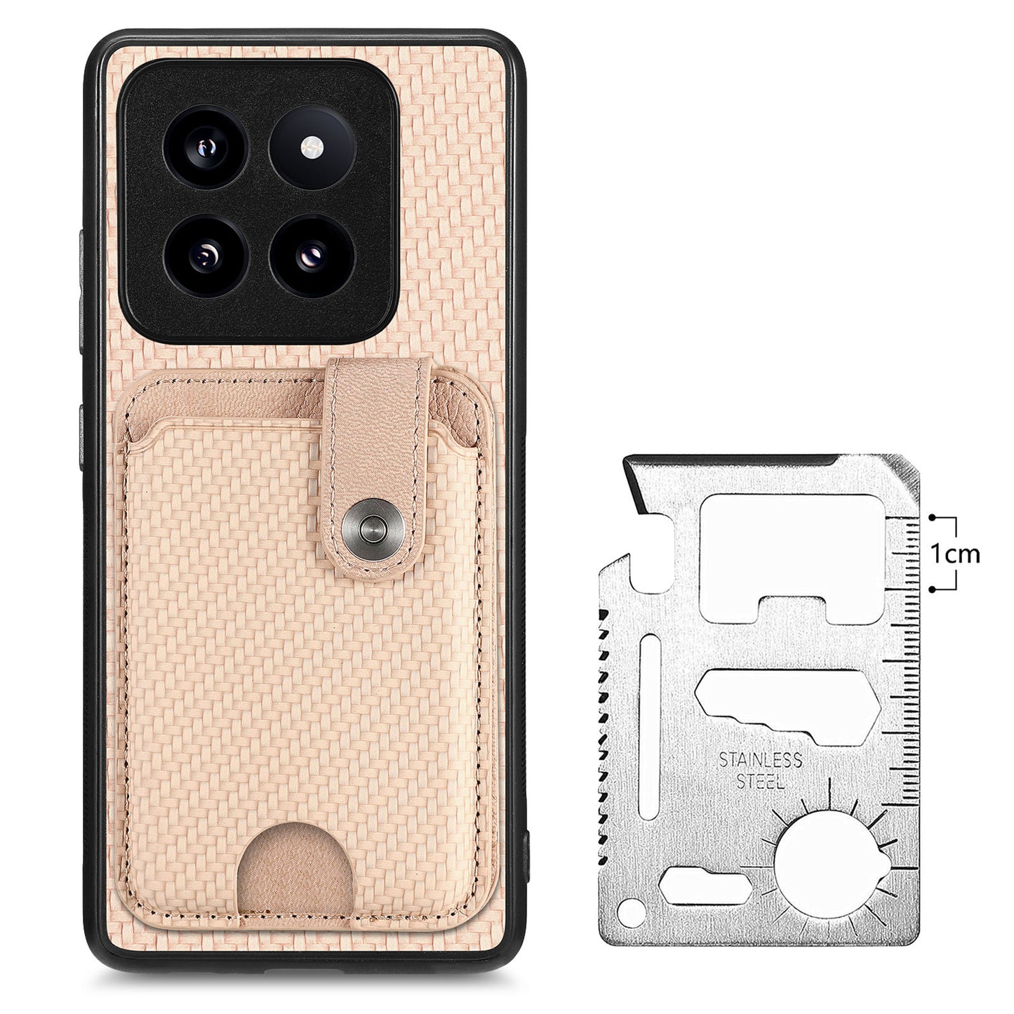 C1-06 For Xiaomi 14 Pro Case Kickstand Card Holder Phone Back Cover with Card Knife Tool - Khaki