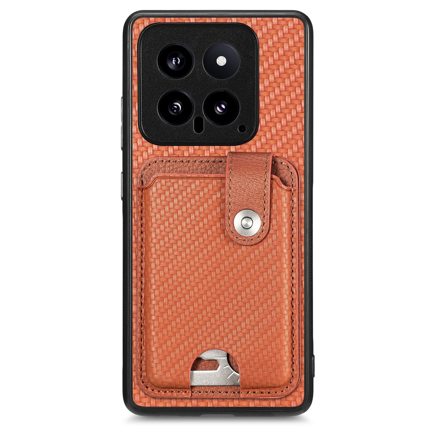 C1-06 For Xiaomi 14 Case Carbon Fiber Texture Card Holder Phone Cover with Card Knife Tool - Brown