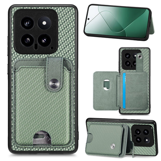 C1-06 For Xiaomi 14 Case Carbon Fiber Texture Card Holder Phone Cover with Card Knife Tool - Green