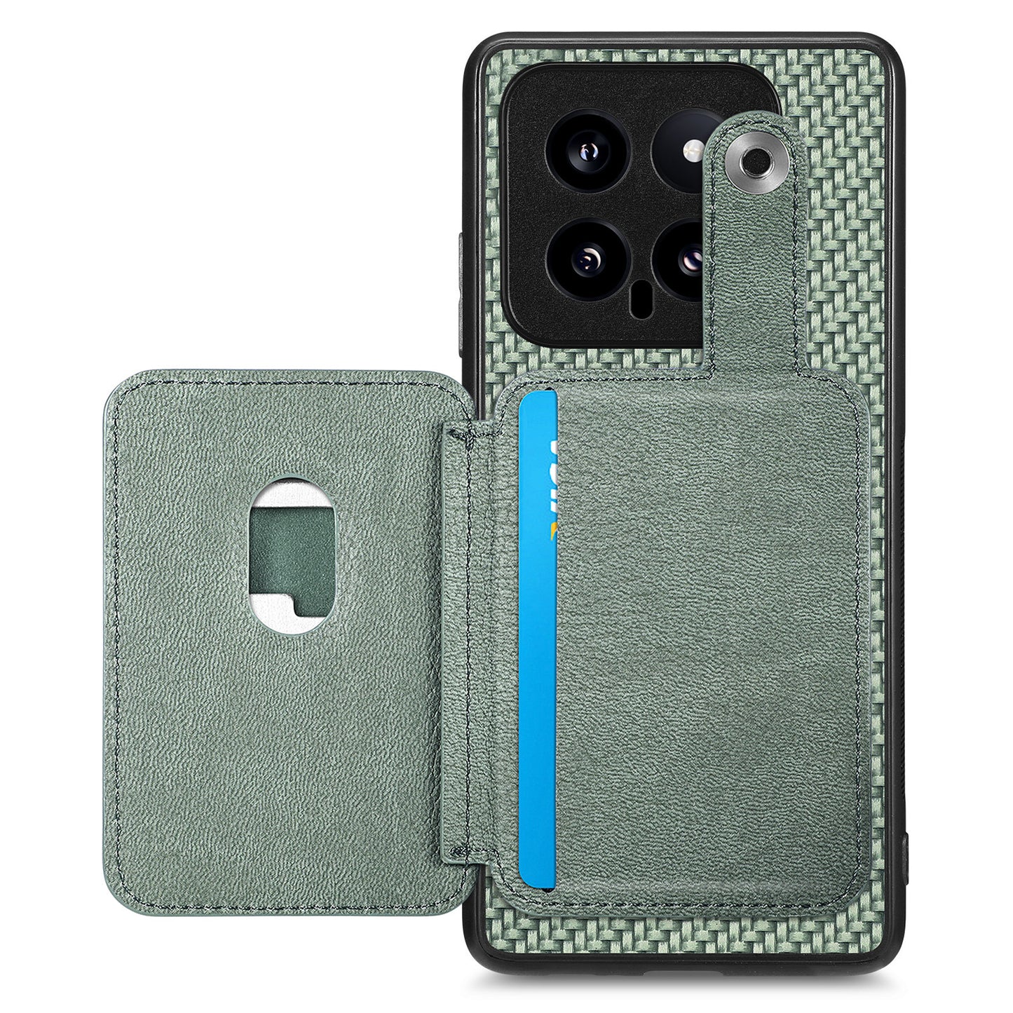 C1-06 For Xiaomi 14 Case Carbon Fiber Texture Card Holder Phone Cover with Card Knife Tool - Green