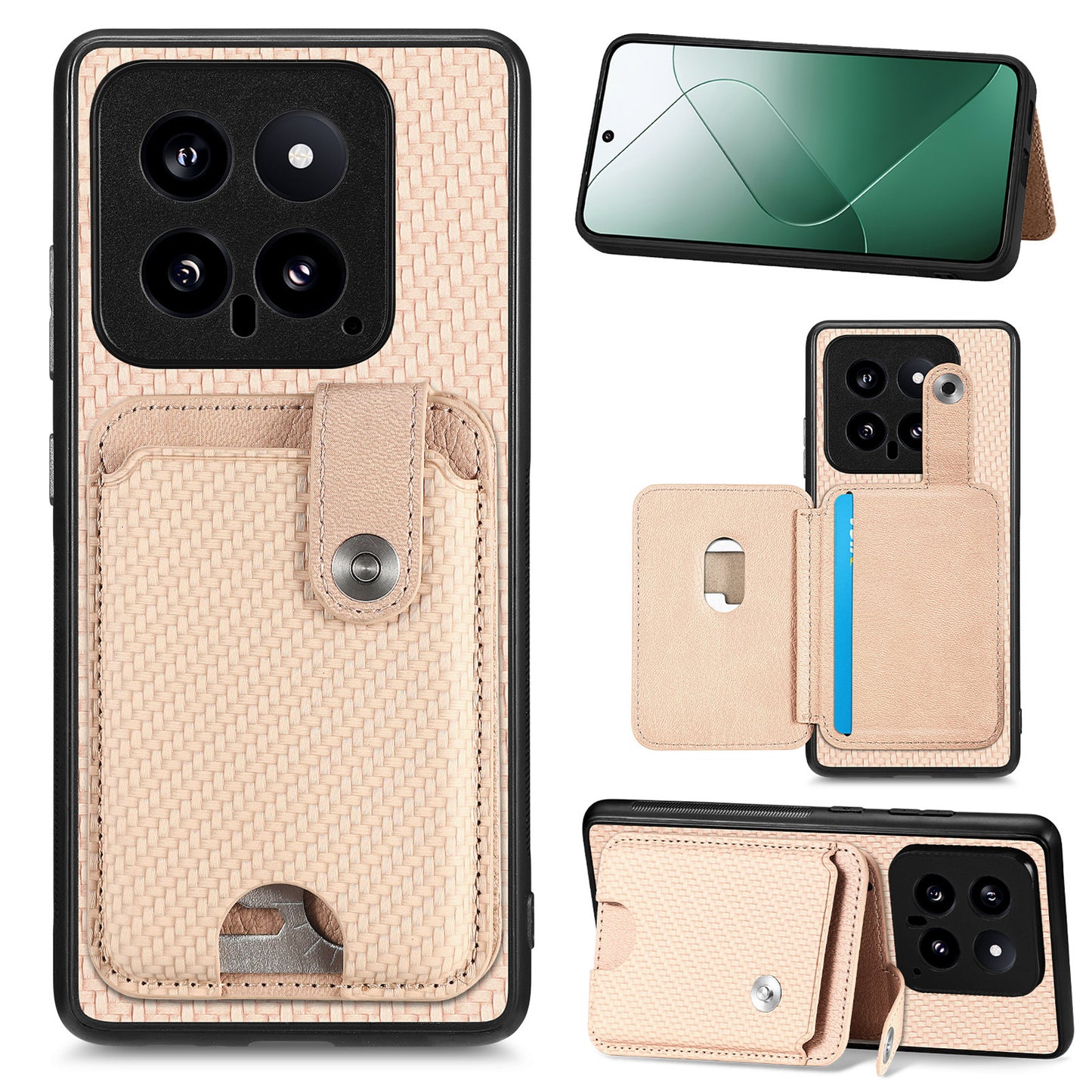 C1-06 For Xiaomi 14 Case Carbon Fiber Texture Card Holder Phone Cover with Card Knife Tool - Khaki