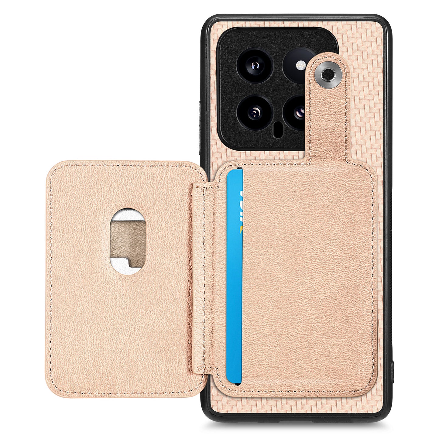 C1-06 For Xiaomi 14 Case Carbon Fiber Texture Card Holder Phone Cover with Card Knife Tool - Khaki