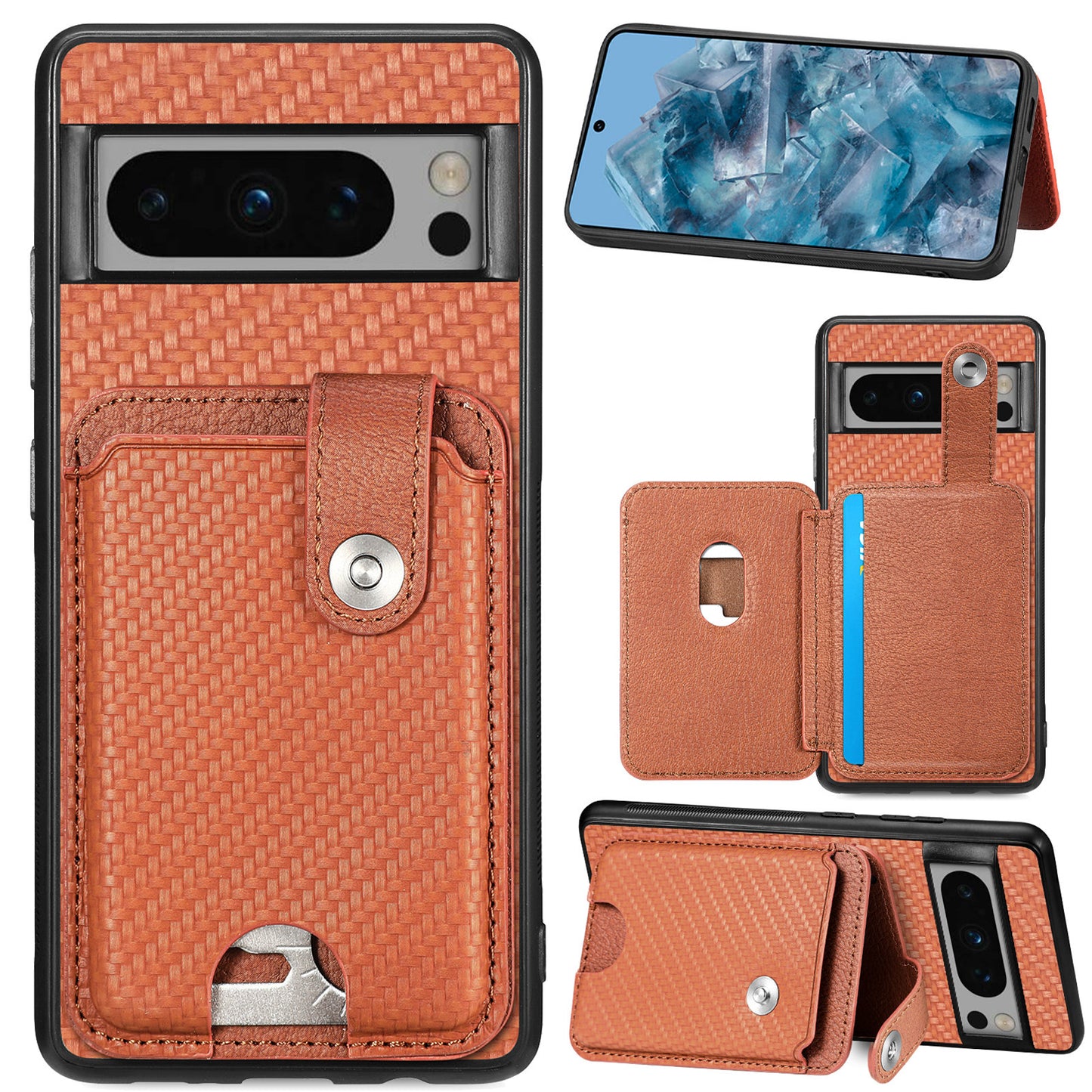 C1-06 For Google Pixel 8 Pro Case Leather+TPU+PC Card Holder Phone Cover with Card Knife Tool - Brown
