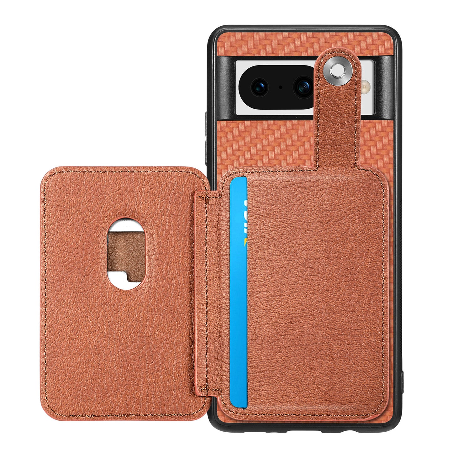 C1-06 For Google Pixel 8 Cell Phone Case Kickstand Card Holder Anti-scratch Cover with Card Knife Tool - Brown