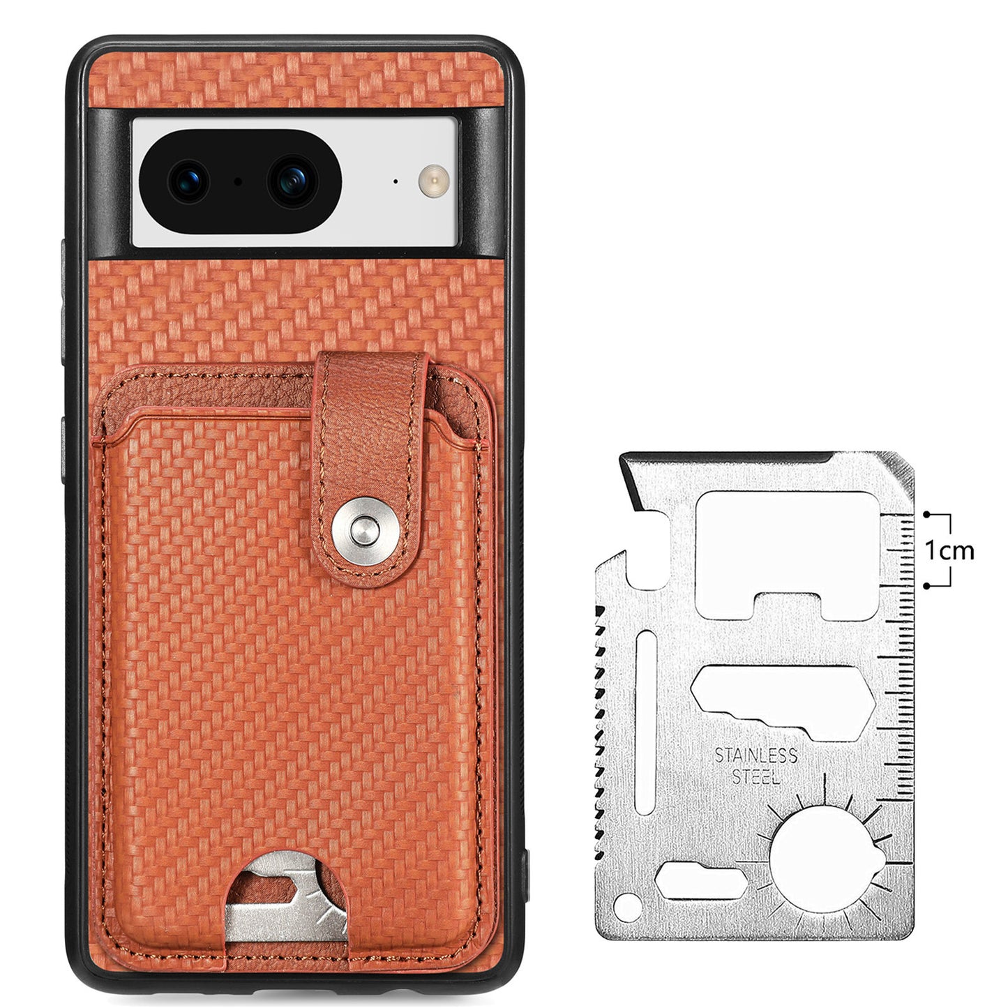 C1-06 For Google Pixel 8 Cell Phone Case Kickstand Card Holder Anti-scratch Cover with Card Knife Tool - Brown