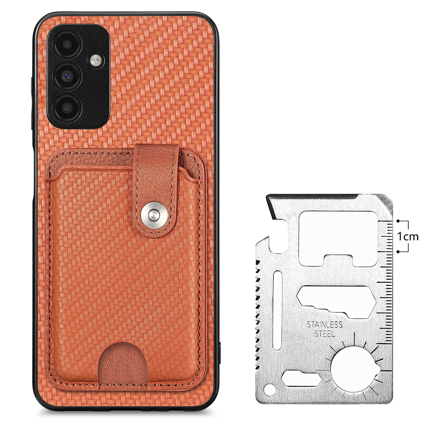 C1-06 For Samsung Galaxy A13 5G / A04s 4G (164.7 x 76.7 x 9.1 mm) Carbon Fiber Texture Phone Case with Card Knife Tool - Brown