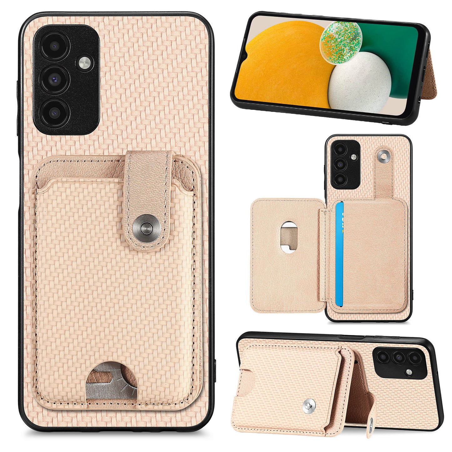C1-06 For Samsung Galaxy A13 5G / A04s 4G (164.7 x 76.7 x 9.1 mm) Carbon Fiber Texture Phone Case with Card Knife Tool - Khaki