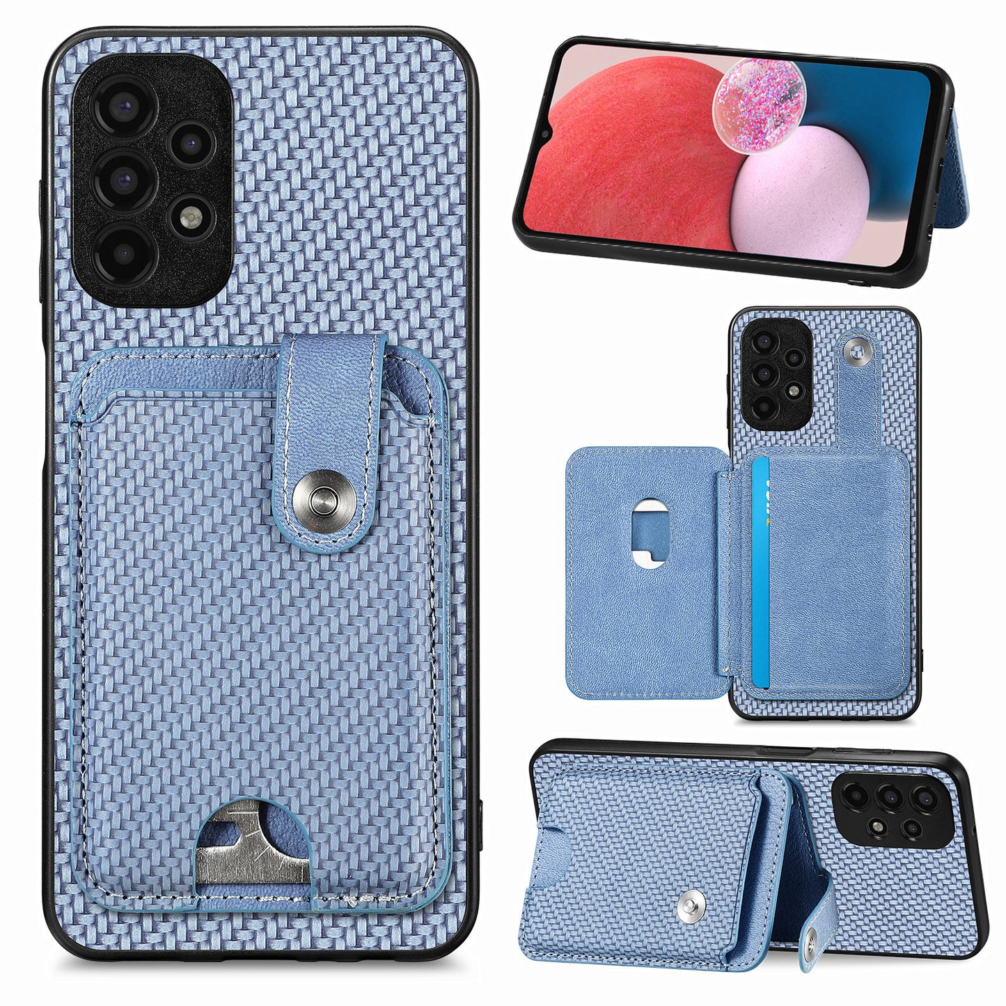 C1-06 For Samsung Galaxy A13 4G Case Carbon Fiber Texture Shockproof Phone Cover with Card Knife Tool - Blue