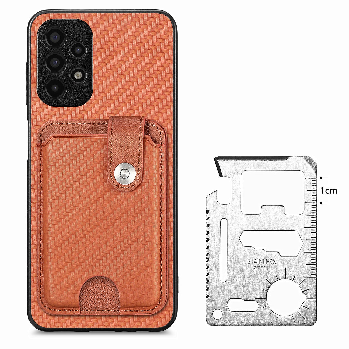 C1-06 For Samsung Galaxy A13 4G Case Carbon Fiber Texture Shockproof Phone Cover with Card Knife Tool - Brown
