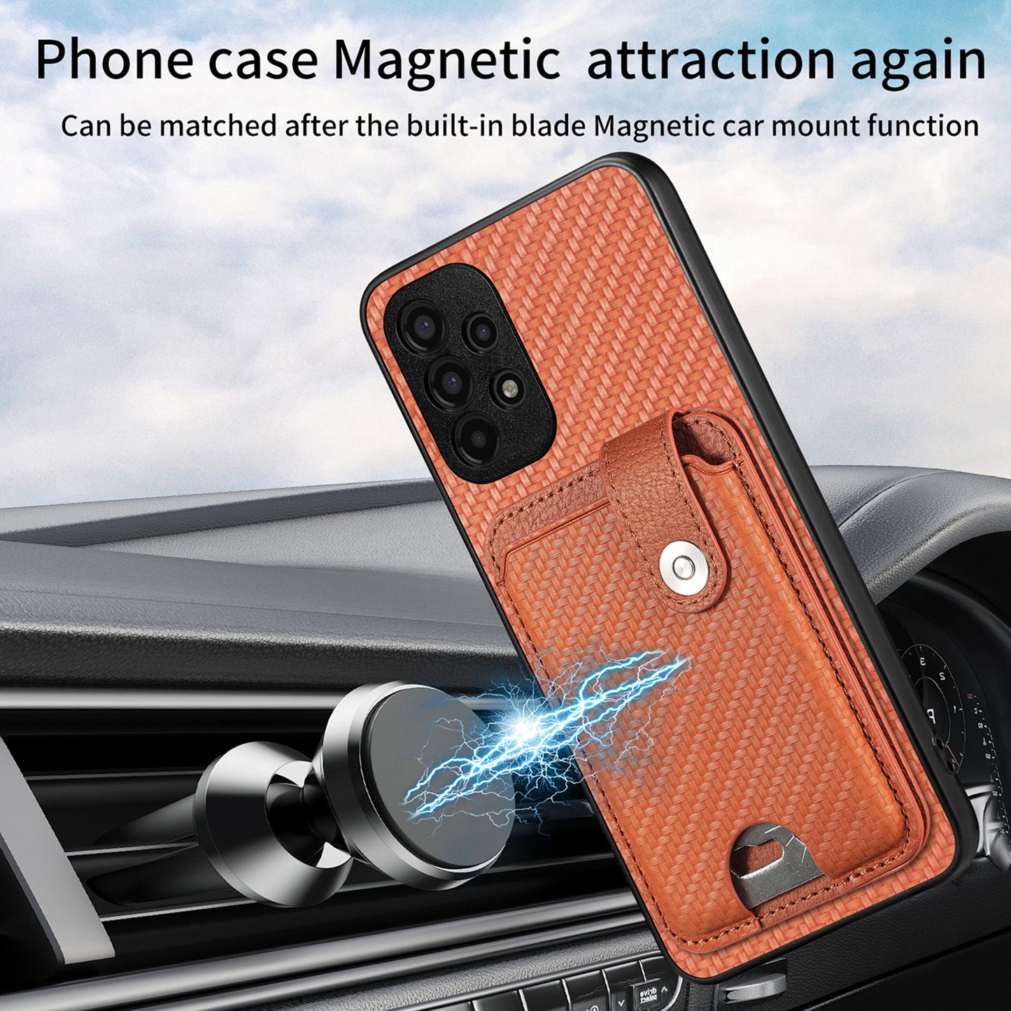 C1-06 For Samsung Galaxy A13 4G Case Carbon Fiber Texture Shockproof Phone Cover with Card Knife Tool - Brown