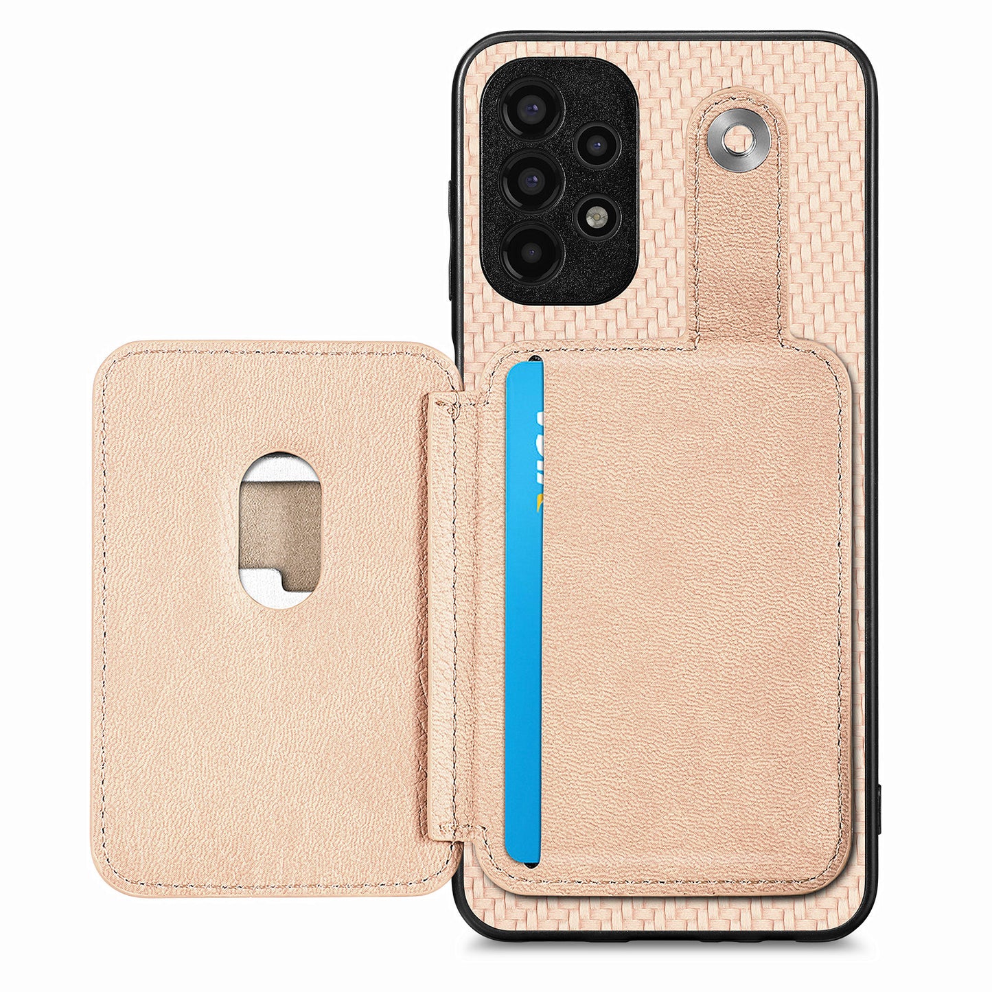 C1-06 For Samsung Galaxy A13 4G Case Carbon Fiber Texture Shockproof Phone Cover with Card Knife Tool - Khaki