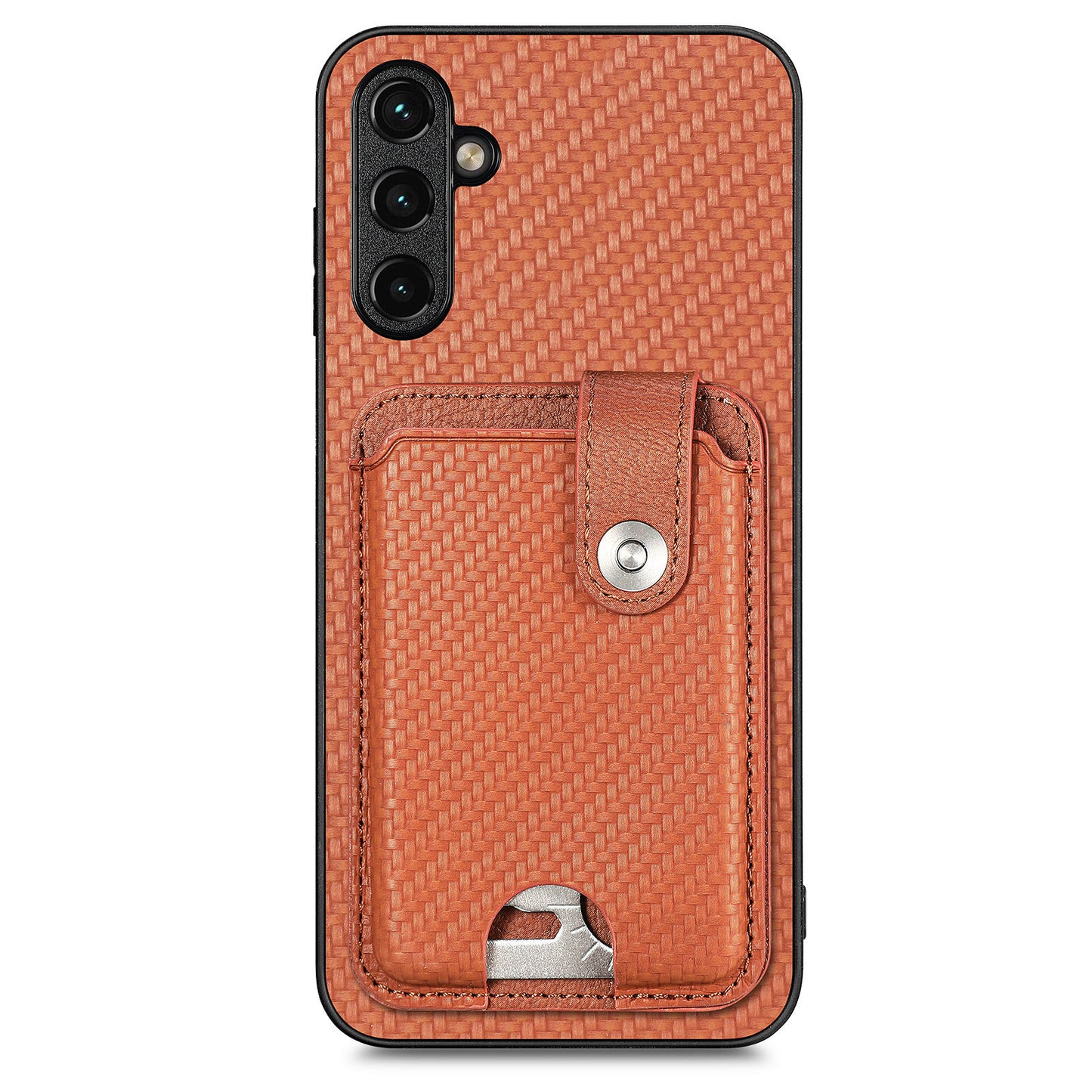 C1-06 For Samsung Galaxy A14 4G / 5G Case Carbon Fiber Texture Leather Phone Back Cover with Card Knife Tool - Brown